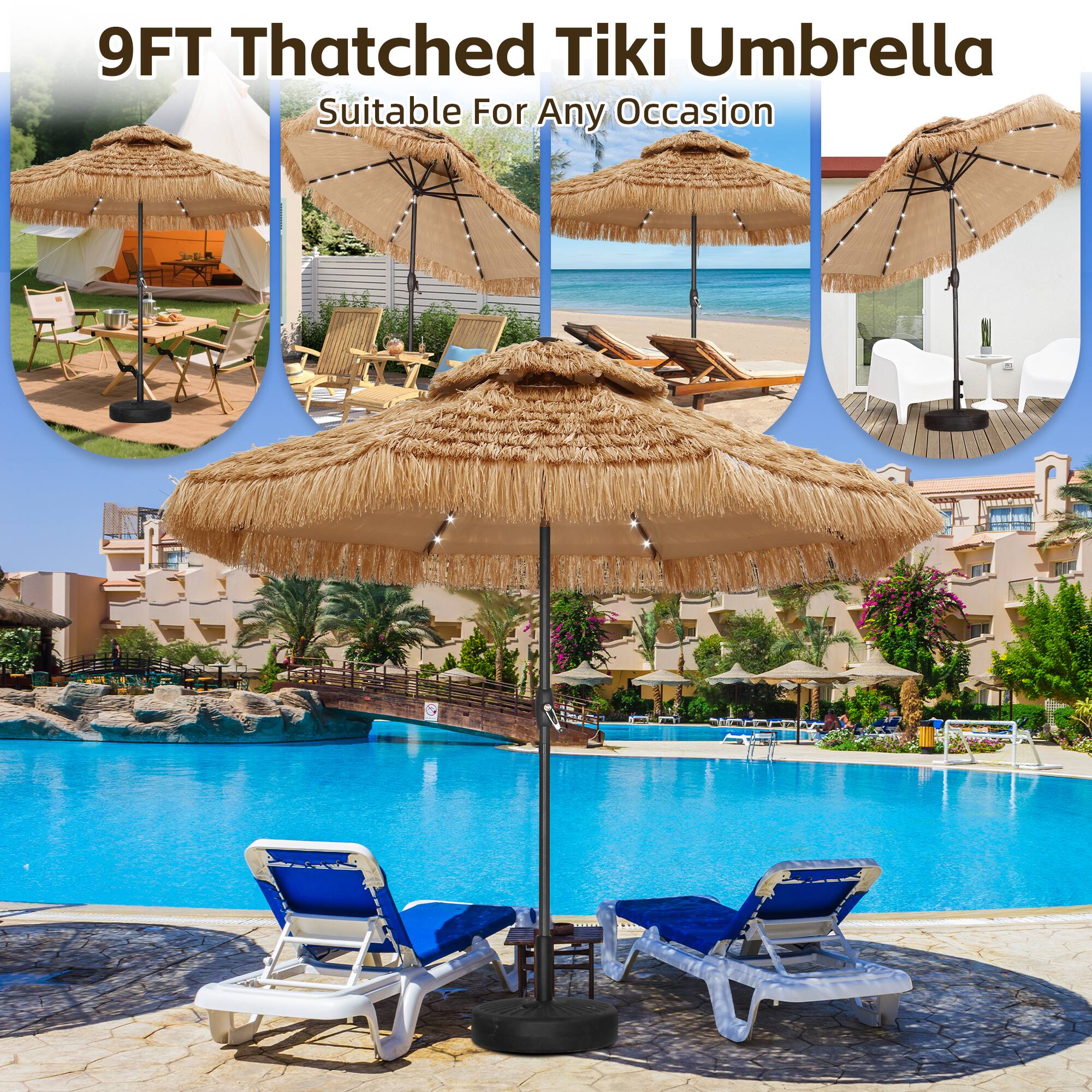 9FT Thatched Tiki Umbrella  
Suitable For Any Occasion