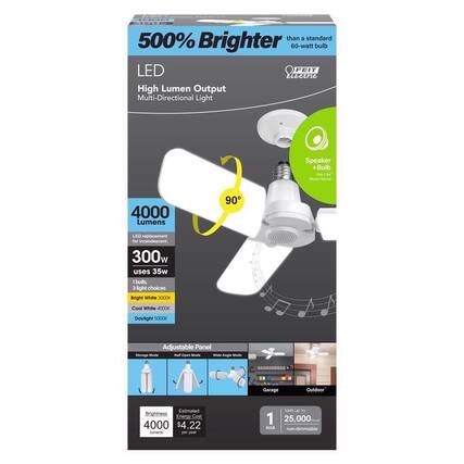 500% Brighter than a standard 60-watt bulb
LED High Lumen Output Multi-Directional Light
4000 Lumens
LED replacement for incandescent: 300w uses 35w
1 bulb, 3 light choices
- Bright White 3000K
- Cool White 4000K
- Daylight 5000K
Adjustable Panel
- Storage Mode
- Half Open Mode
- Wide Angle Mode
Brightness: 4000 lumens
Estimated Energy Cost: $4.22 per year
1 bulb lasts up to 25,000 hours
Speaker + Bulb
Stereo Sound
Garage
Outdoor
FEIT Electric