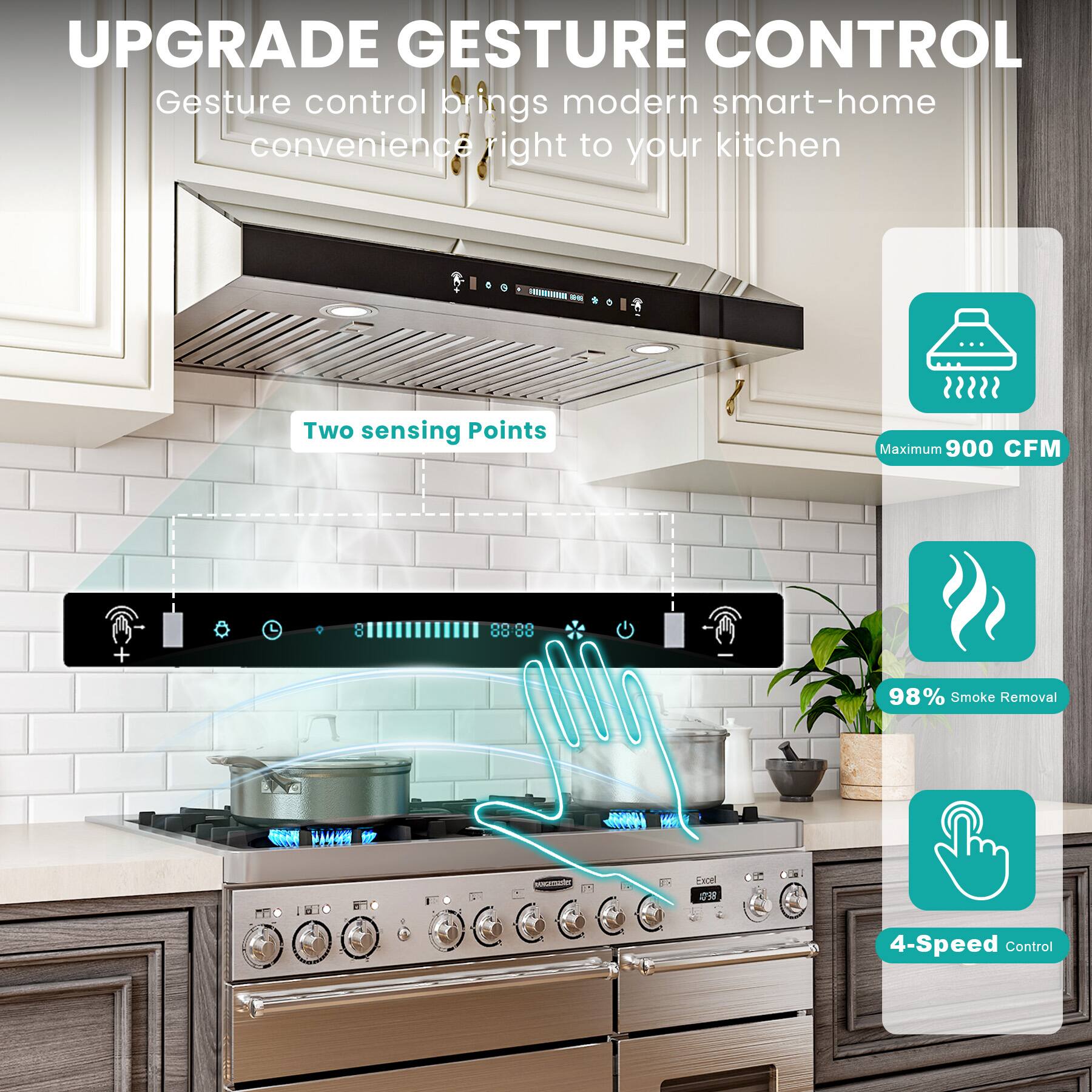 UPGRADE GESTURE CONTROL  
Gesture control brings modern smart-home convenience right to your kitchen  

- Two sensing Points  
- Maximum 900 CFM  
- 98% Smoke Removal  
- 4-Speed Control