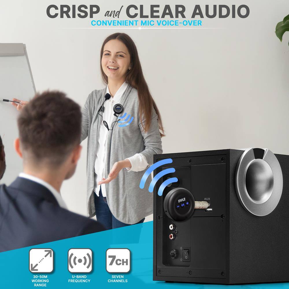 CRISP and CLEAR AUDIO  
CONVENIENT MIC VOICE-OVER  

PYLE AUX  
7CH  
30-50M WORKING RANGE  
U-BAND FREQUENCY  
SEVEN CHANNELS