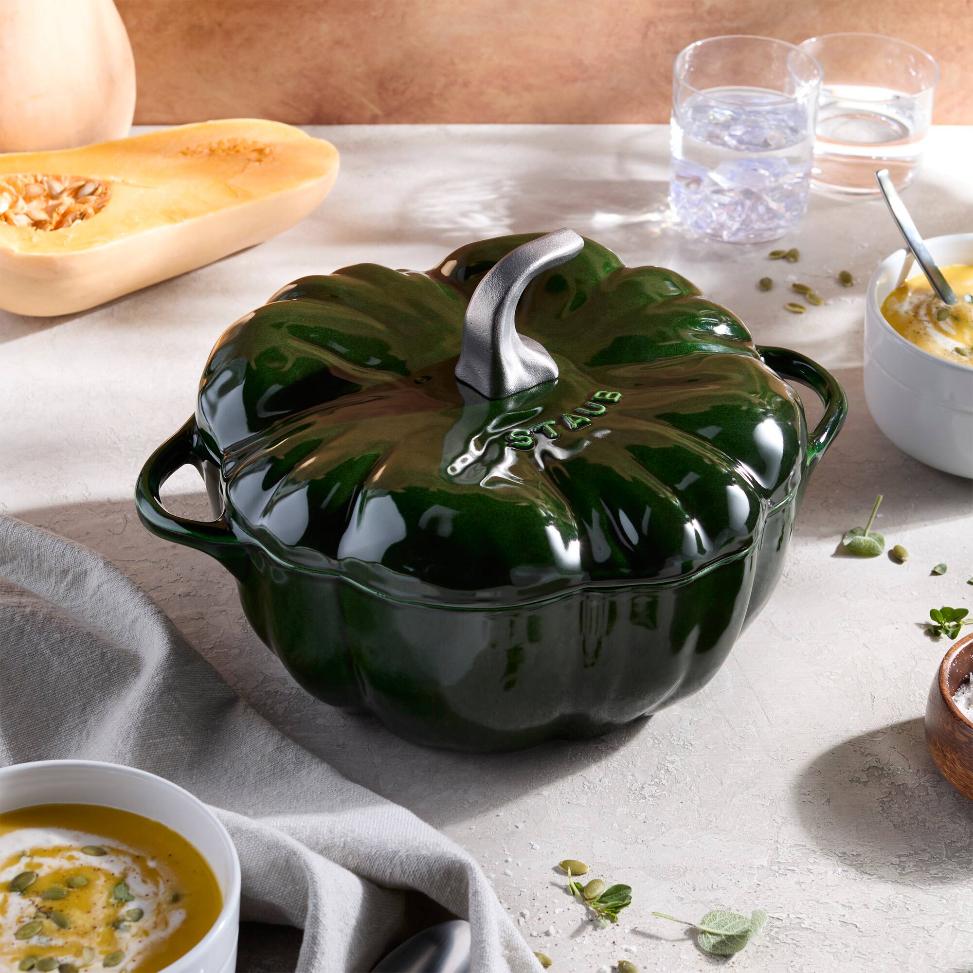Alt View 1. Staub - STAUB Cast Iron 3.5-qt Pumpkin Cocotte with Stainless Steel Knob - Basil - Basil.