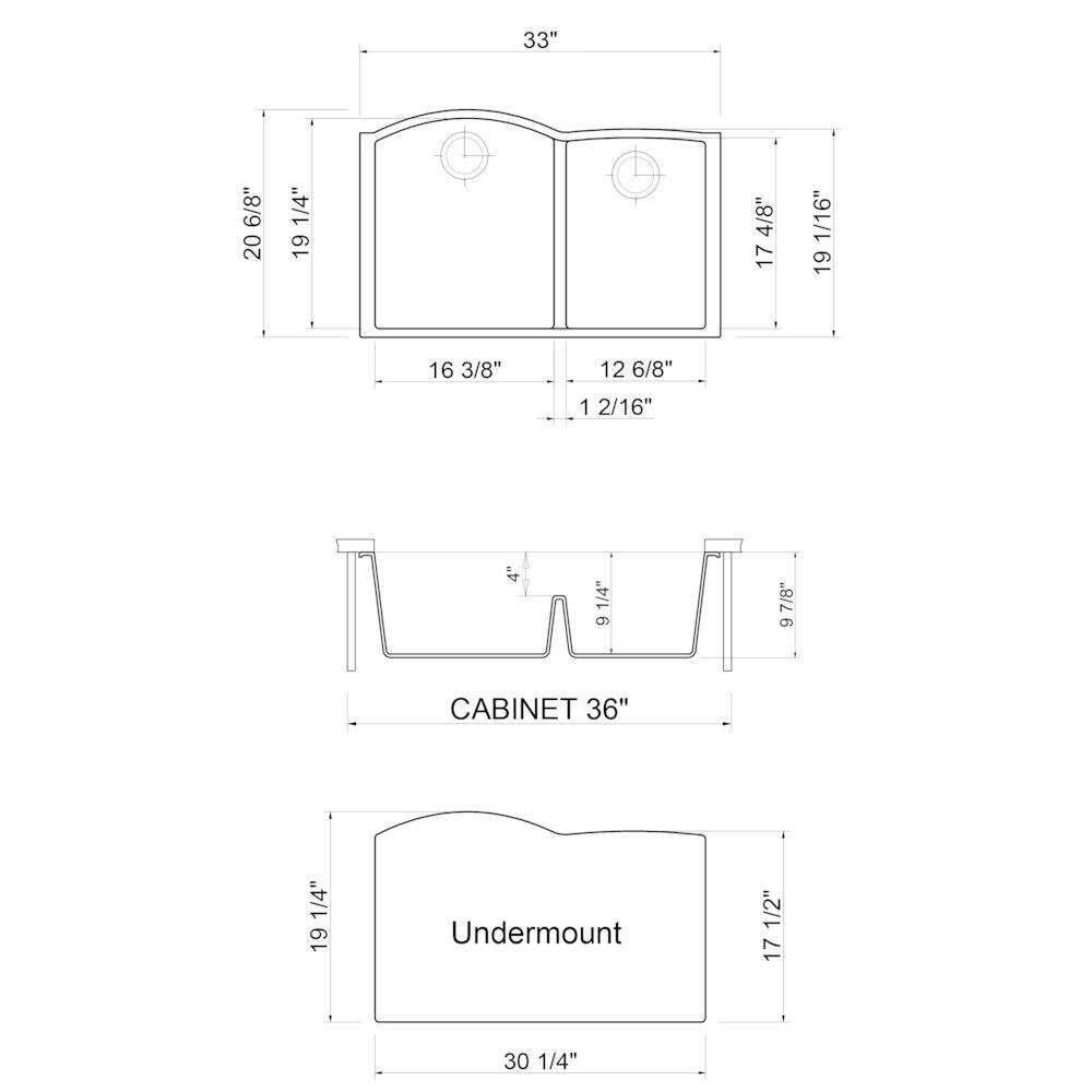 Sure, here is the corrected and grouped text from the image:

- **Top Cabinet:**
  - Width: 33"
  - Height: 20 6/8"
  - Depth: 19 1/4"
  - Door Width: 16 3/8"
  - Door Height: 12 6/8"
  - Door Thickness: 1 2/16"
  - Side Panels: 17 4/8" (left) and 19 1/16" (right)
  - Bottom Rail: 9 7/8"

- **Cabinet 36":**
  - Width: 36"
  - Height: 19 1/4"
  - Depth: 17 1/2"
  - Bottom Rail: 9 7/8"

- **Undermount:**
  - Width: 30 1/4"
  - Height: 19 1/4"
  - Depth: 17 1/2"