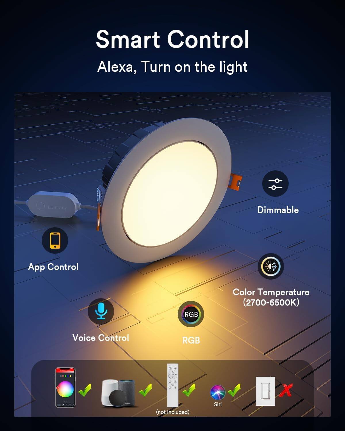 Smart Control Alexa, Turn on the light Lumory Dimmable App Control RGB Color Temperature (2700-6500K) Voice Control RGB (not included) Siri