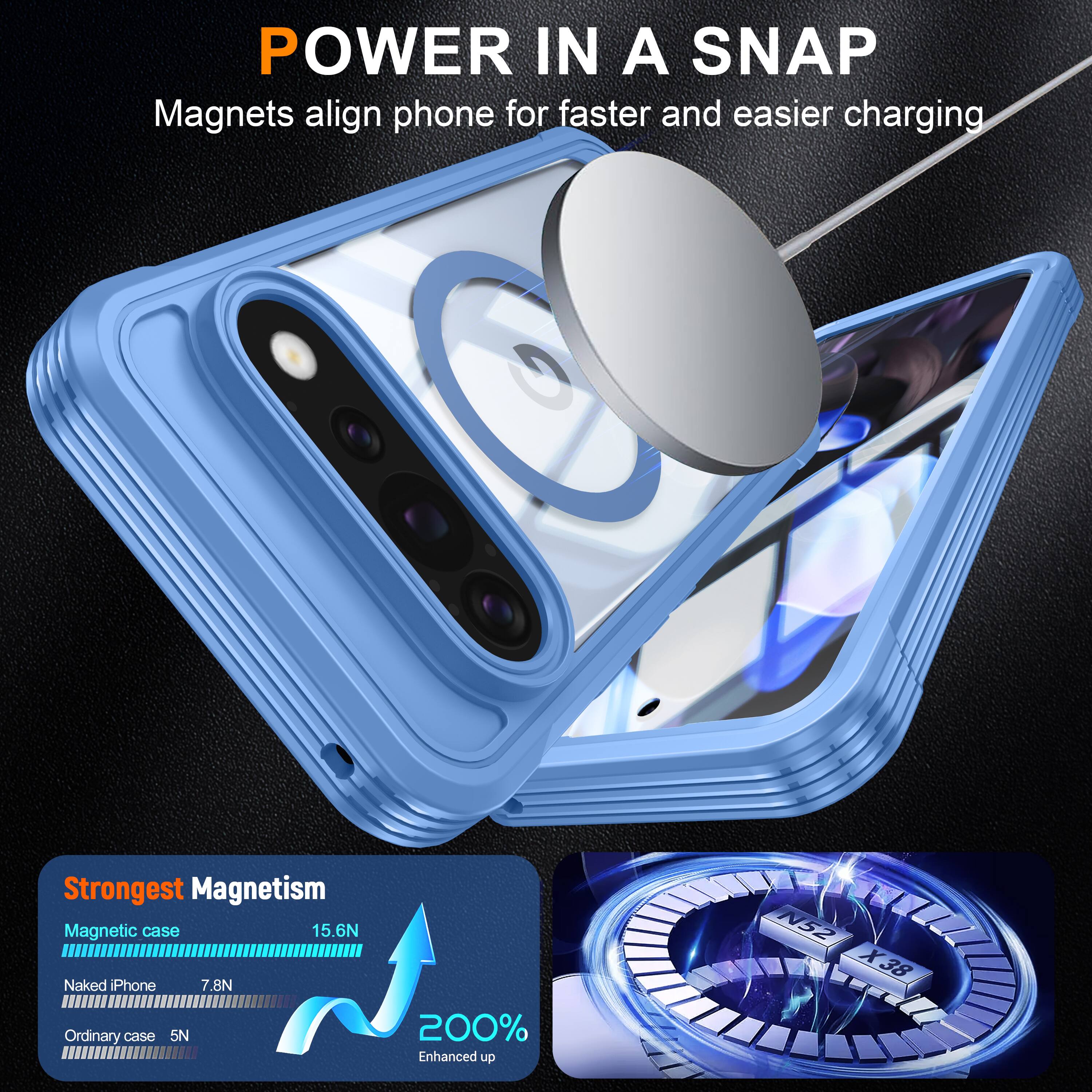 POWER IN A SNAP  
Magnets align phone for faster and easier charging

Strongest Magnetism  
Magnetic case 15.6N  
Naked iPhone 7.8N  
Ordinary case 5N

200% Enhanced up  
N52 X38