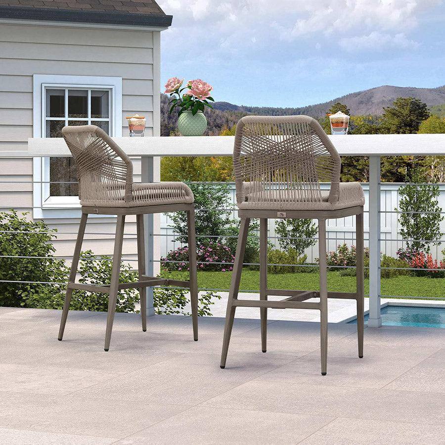 Alt View 1. PURPLE LEAF - Outdoor Sunbrella Bar Stool Set of 2, Wicker Rattan Bar stools with Back Aluminum Outside Garden Patio Bar Chairs - Light Grey-& Taupe-Bar Height.