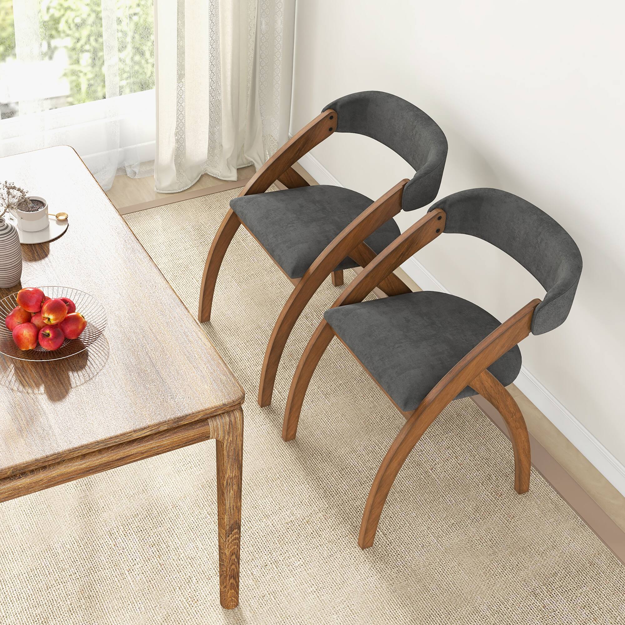 Alt View 3. Gymax - Gymax Dining Chair Set of 2 w/ Padded Cushion Curved Back Arched Rubber Wood Legs - Walnut, Gray.