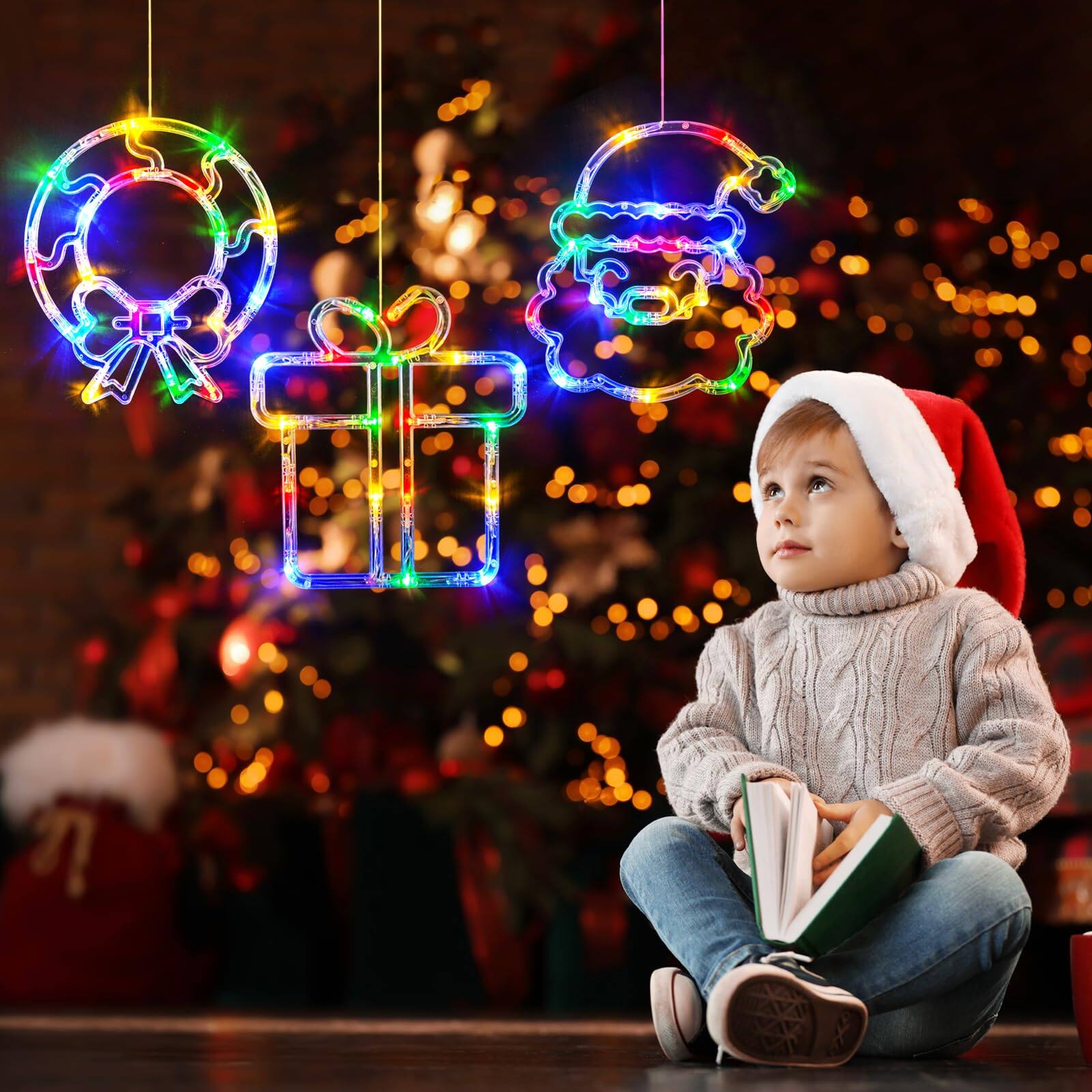 Alt View 2. Refined Abode Design - Christmas Window Decorations Wreath Gift Box Santa Claus Lights Suction Cups Operated Xmas Decors 2025 - MULTI.