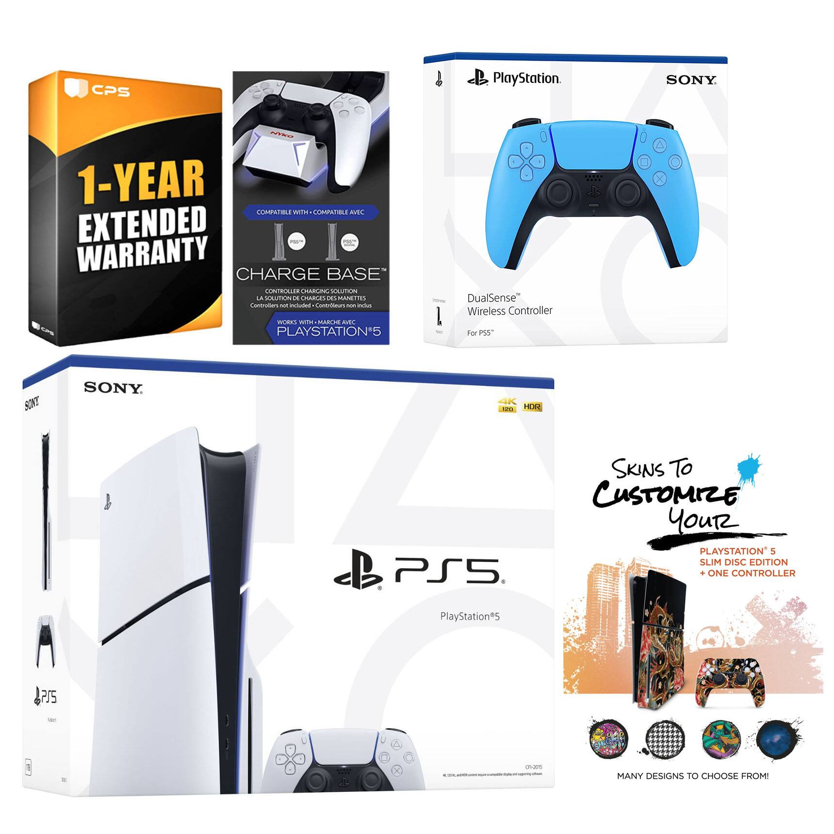 Playstation 5 Slim Disc with Extra Controller, Charging Dock and MightySkins Decal Voucher + 1 Year - PlayStation 5