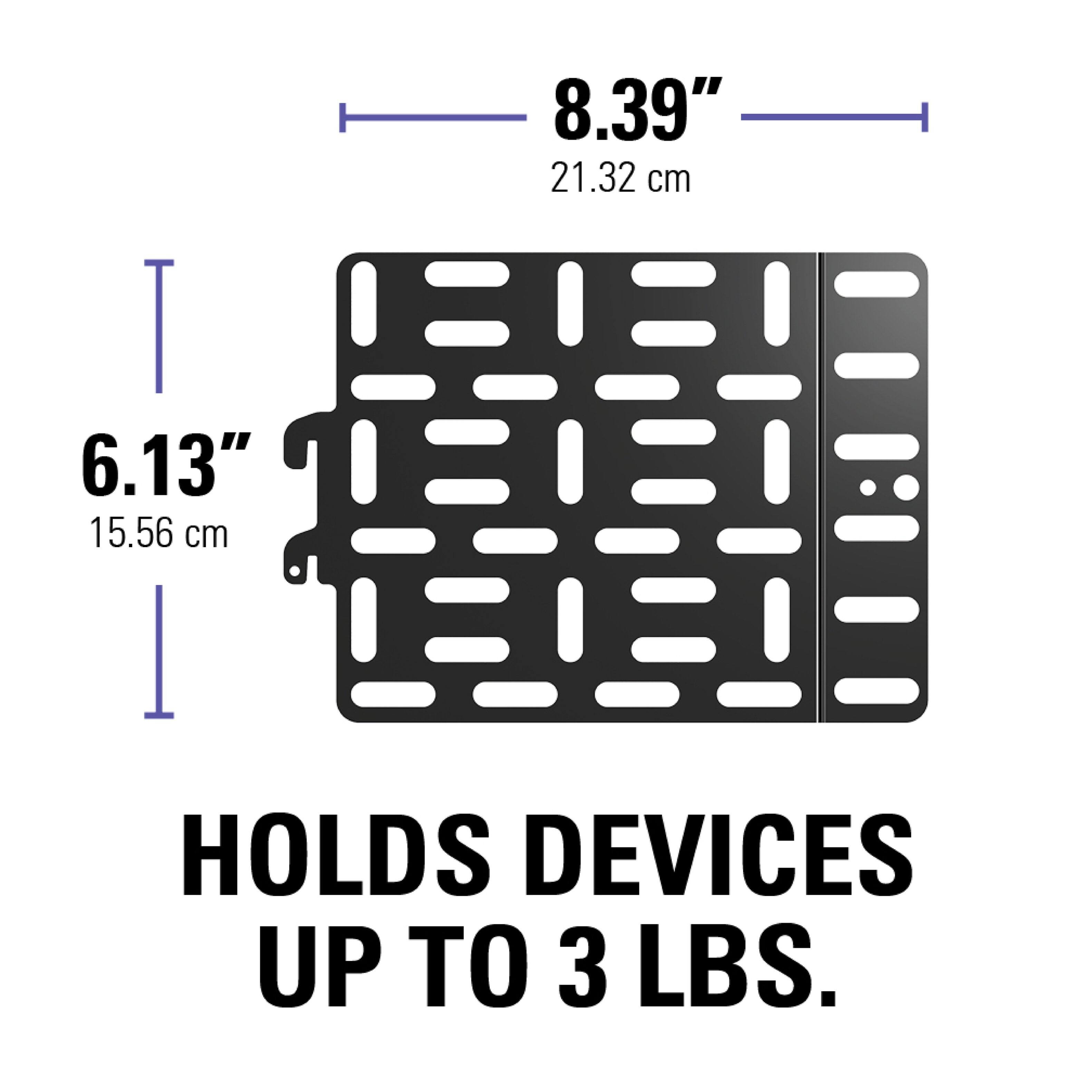 The image shows a device that can hold up to 3 lbs. It measures 8.39 inches (21.32 cm) in length and 6.13 inches (15.56 cm) in width.