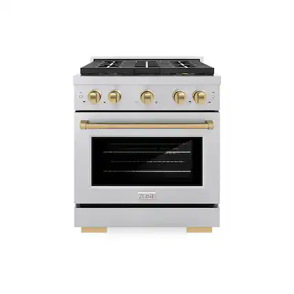Front. ZLINE - ZLINE Autograph 30 in. 4.2 cu. ft. Freestanding Paramount Gas DuoPro Range in Satin Steel and Champagne Bronze Accents - Stainless Steel.