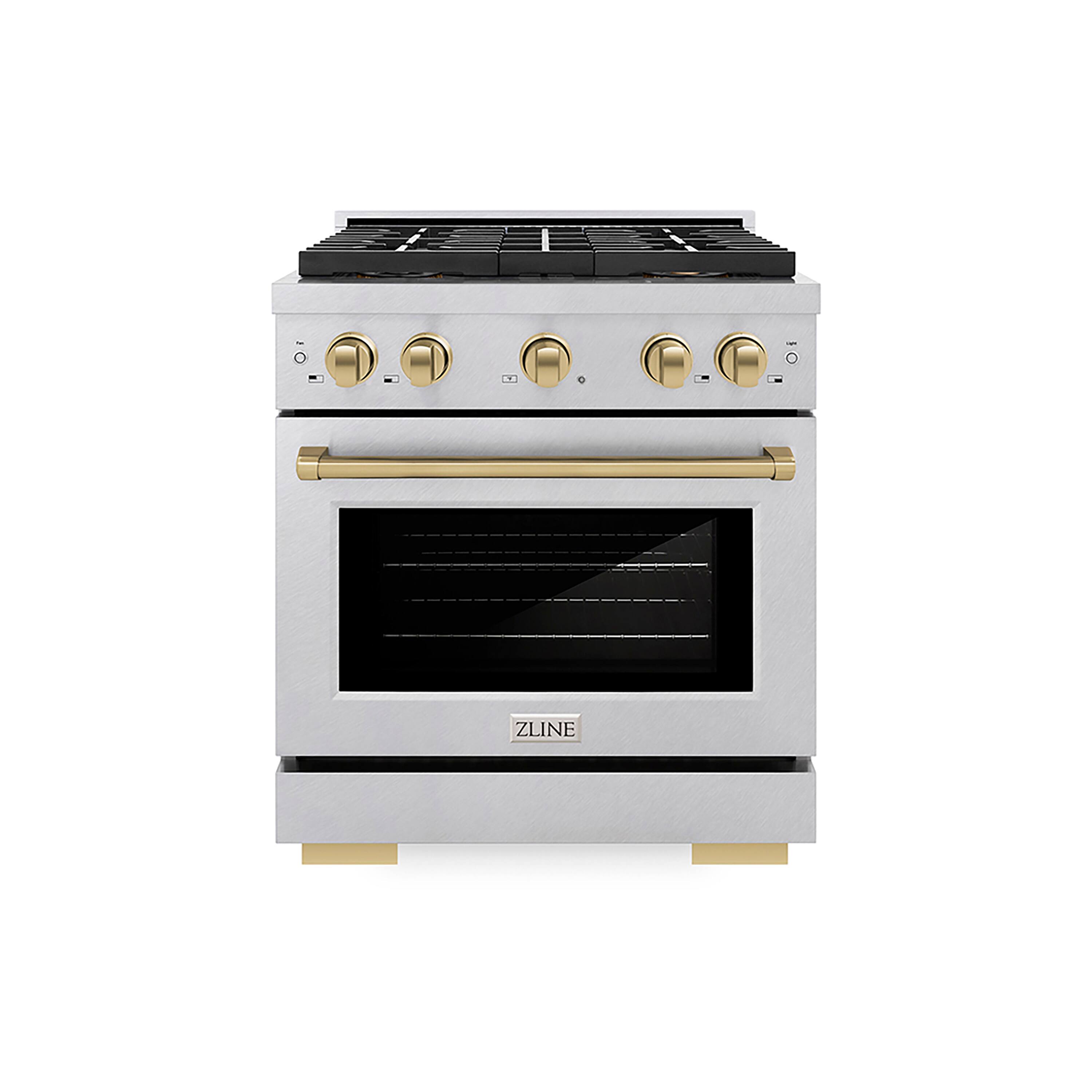 Front. ZLINE - ZLINE Autograph 30 in. 4.2 cu. ft. Freestanding Paramount Gas DuoPro Range in Satin Steel and Champagne Bronze Accents - Stainless Steel.