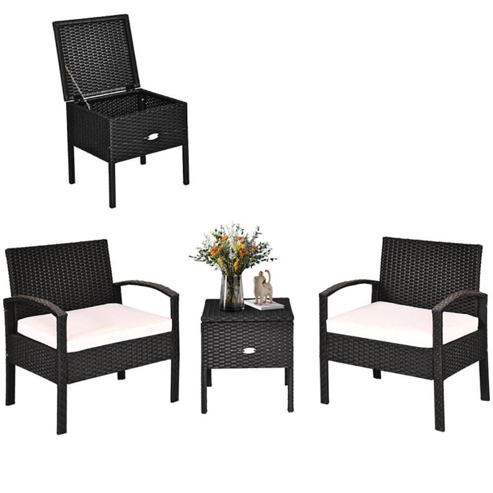 Alt View 1. Kadyn - Wicker 3-Piece Outdoor Patio Porch Set Rattan Conversation Furniture Sets with Table and Removable Cushion, Black - White.