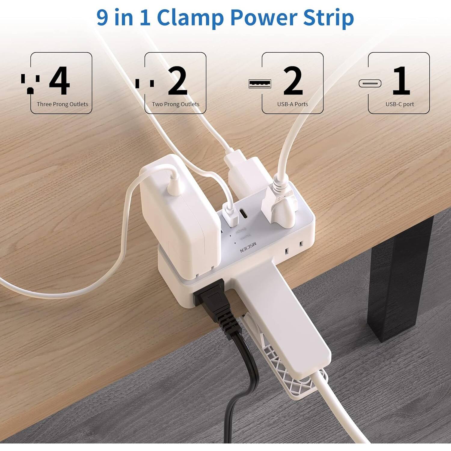 9 in 1 Clamp Power Strip
4 Three Prong Outlets
2 Two Prong Outlets
2 USB-A Ports
1 USB-C port