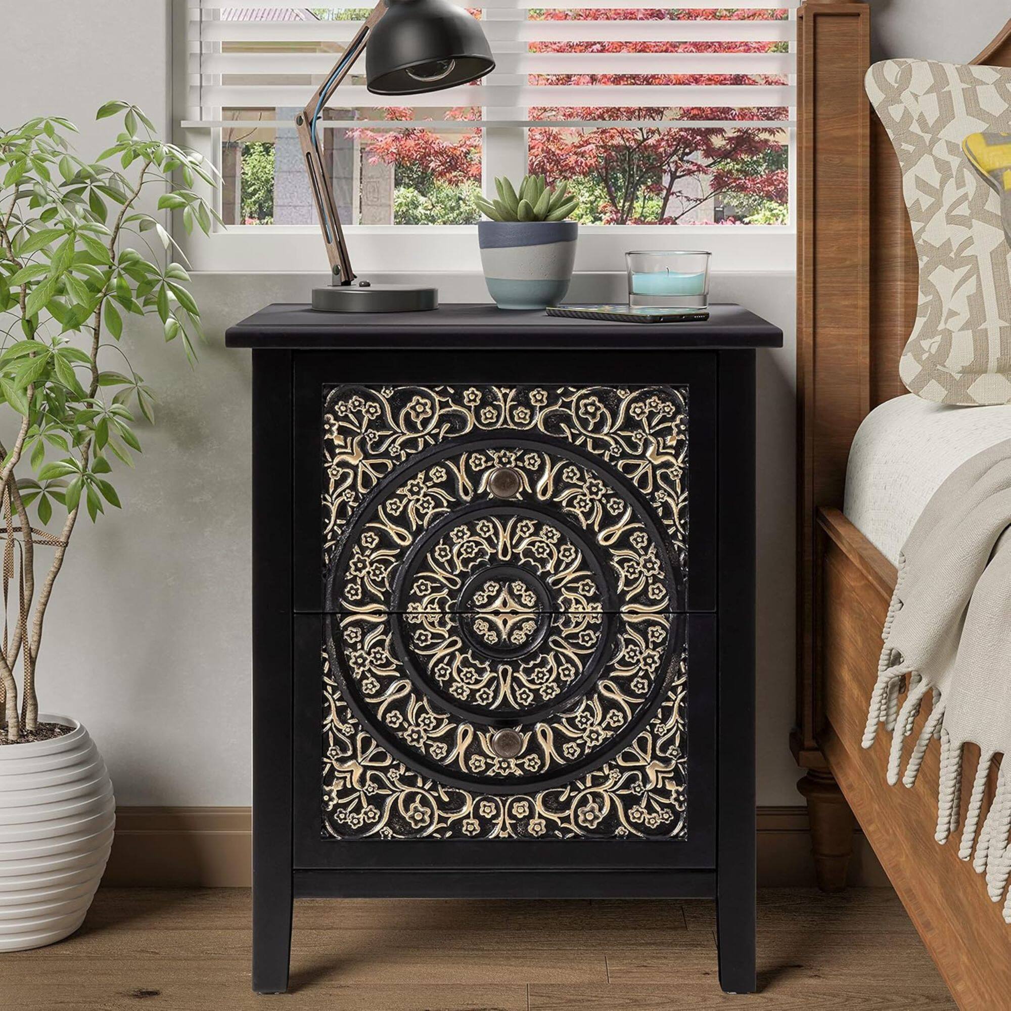 Alt View 4. COZAYH - COZAYH Farmhouse 2 Drawer Home Bedroom Nightstand w/Embossed Flower Motif, Black - Gold & Black.