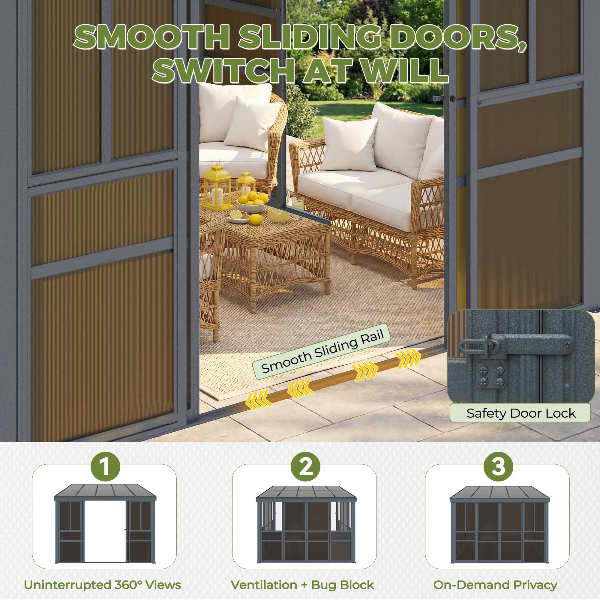 SMOOTH SLIDING DOORS, SWITCH AT WILL

1. Uninterrupted 360° Views
2. Ventilation + Bug Block
3. On-Demand Privacy

Smooth Sliding Rail
Safety Door Lock