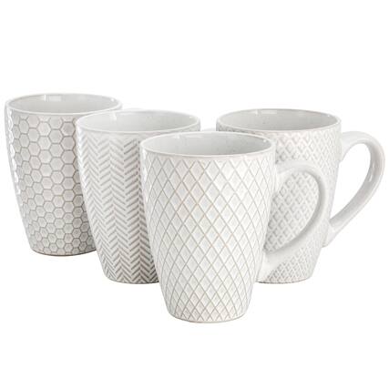 Front. Gibson - Gibson Elite Earlhart 4 Piece 16 Ounce Stoneware Assorted Pattern Mug Set in White - White.