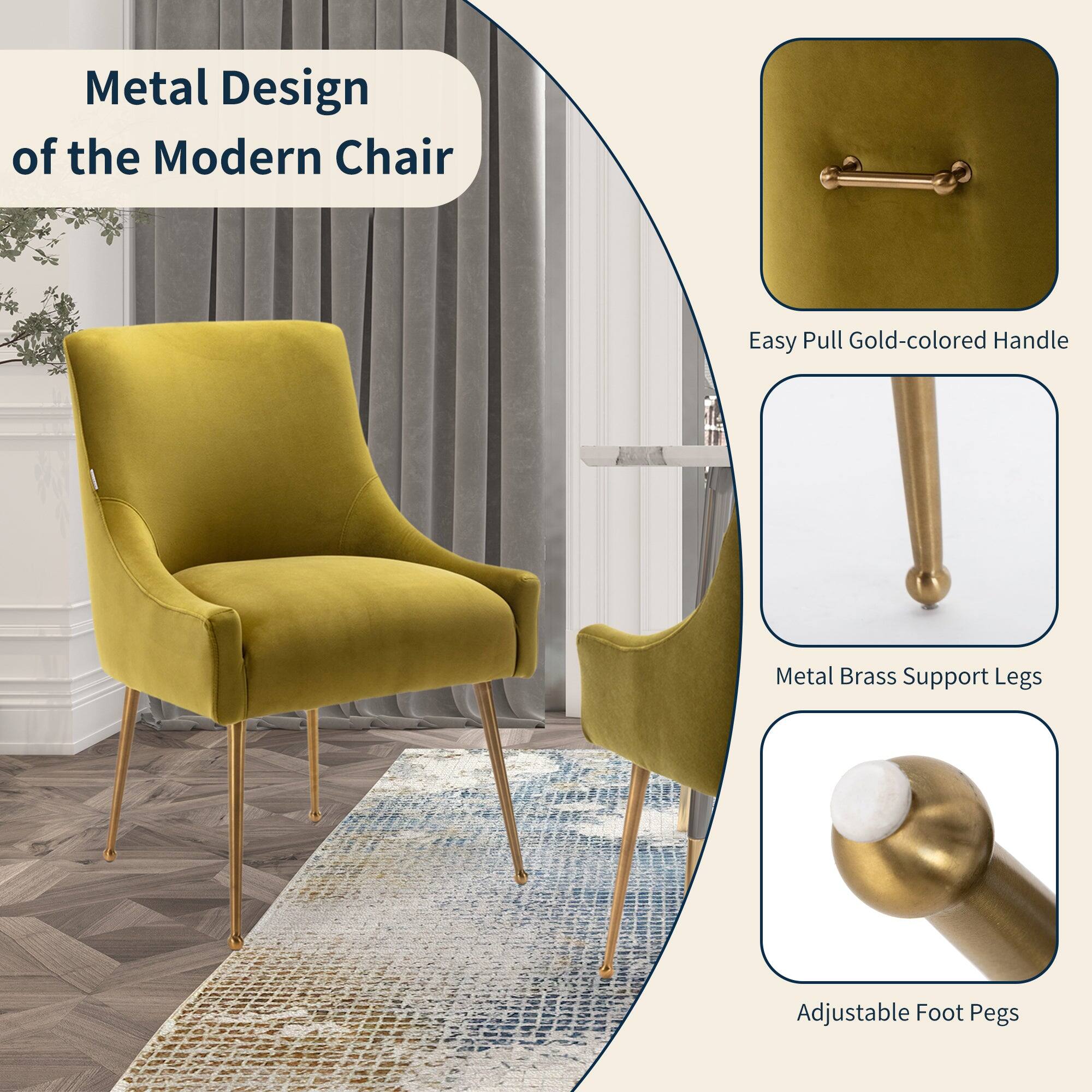 Metal Design of the Modern Chair

- Easy Pull Gold-colored Handle
- Metal Brass Support Legs
- Adjustable Foot Pegs