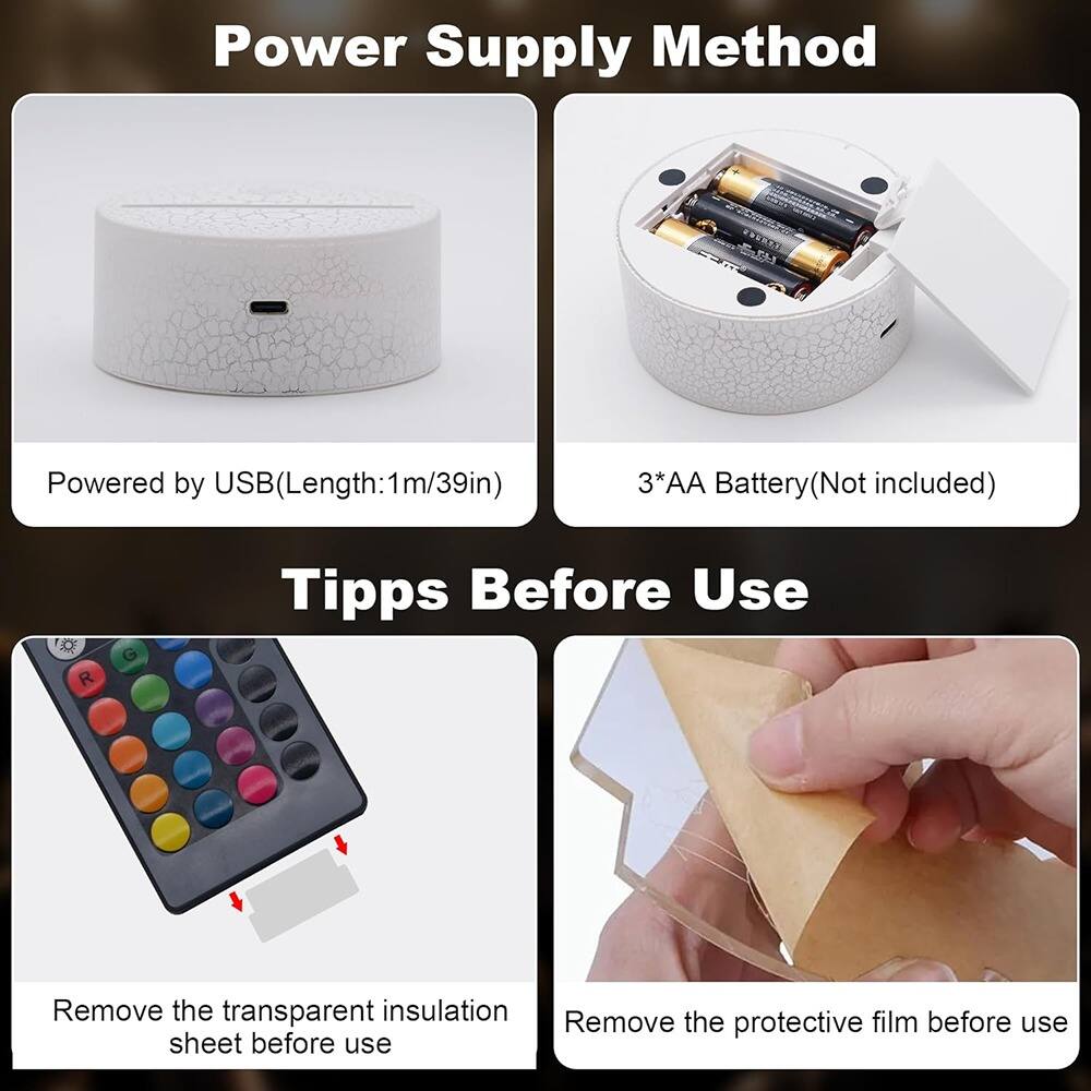 **Power Supply Method**

- Powered by USB (Length: 1m/39in)
- 3*AA Battery (Not included)

**Tips Before Use**

- Remove the transparent insulation sheet before use
- Remove the protective film before use