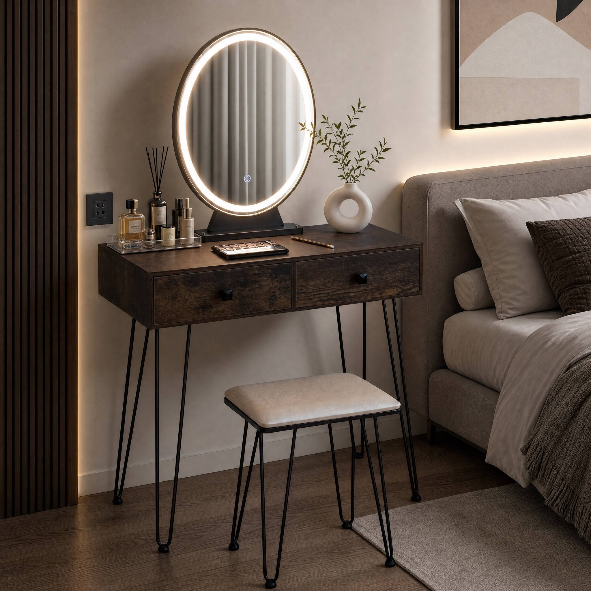 Angle. WELLFOR - Makeup Vanity Desk with Detachable 3‑Color Lighted Mirror, Acrylic Cosmetic Organizer and Cushioned Stool for Bedroom - Rustic Brown.
