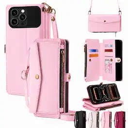 Topteng - 6-in-1 Wallet Case for iPhone 13/13 Pro/13 Pro Max with Wrist & Crossbody Straps, Zipper Pocket, Card Holders - iPhone 13 Pro Pink
