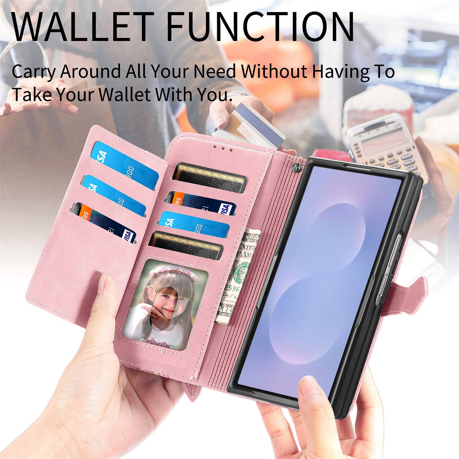 WALLET FUNCTION  
Carry Around All Your Need Without Having To Take Your Wallet With You.