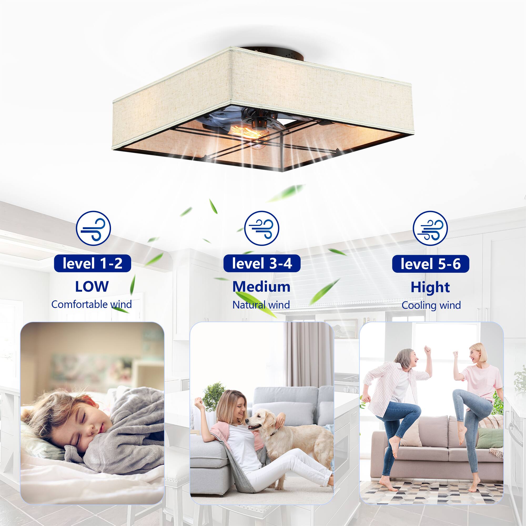 - Level 1-2: LOW - Comfortable wind
- Level 3-4: Medium - Natural wind
- Level 5-6: High - Cooling wind