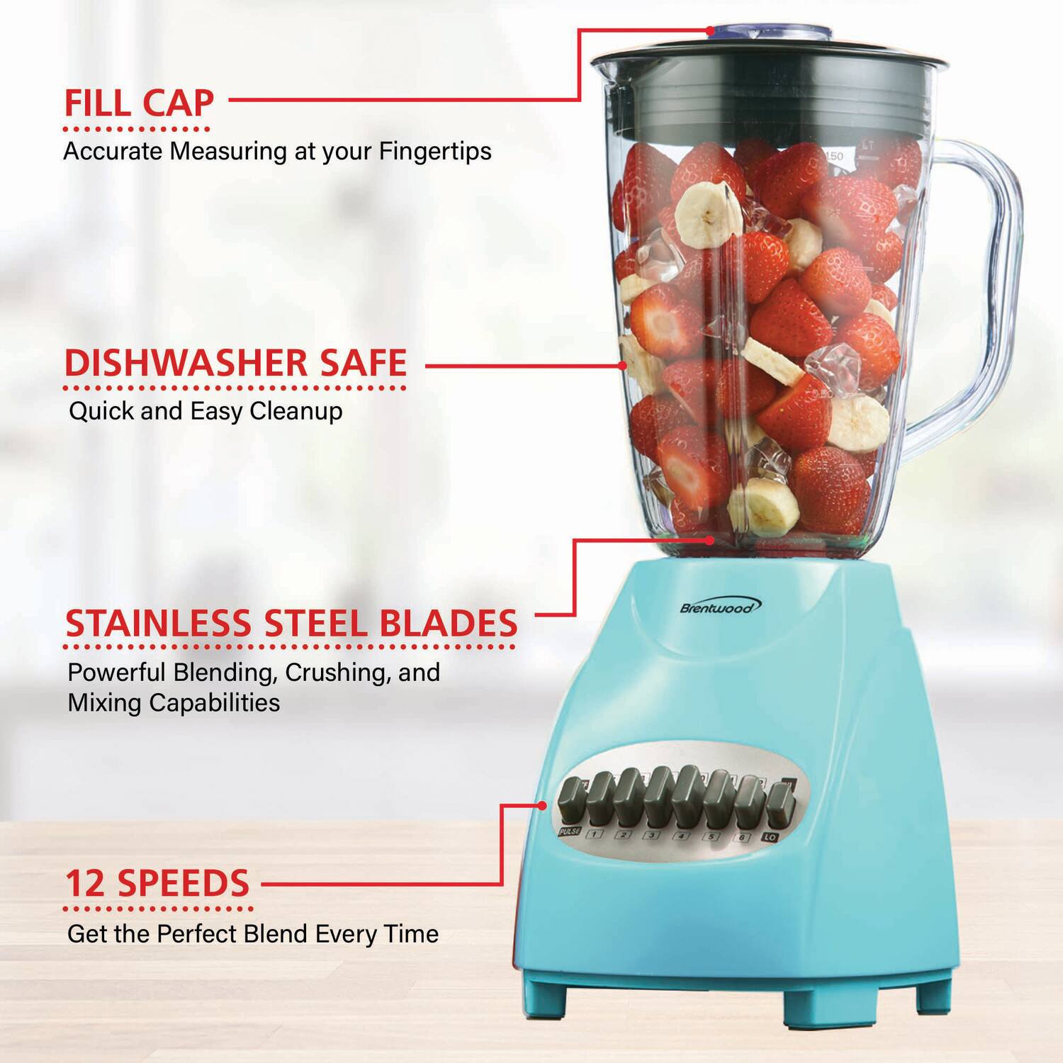 FILL CAP  
Accurate Measuring at your Fingertips  

DISHWASHER SAFE  
Quick and Easy Cleanup  

STAINLESS STEEL BLADES  
Powerful Blending, Crushing, and Mixing Capabilities  

12 SPEEDS  
Get the Perfect Blend Every Time