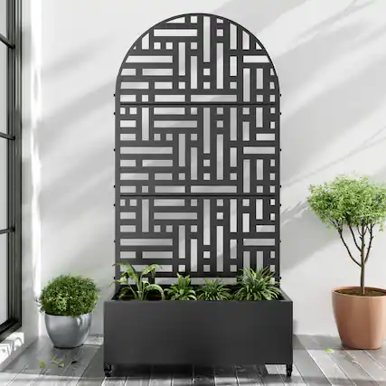 Front. PexFix - 72 in. H x 35 in. W Helen Pattern Arch Metal Planter Box Raised Garden Beds with Trellis-Ideal for Balcony - Black.