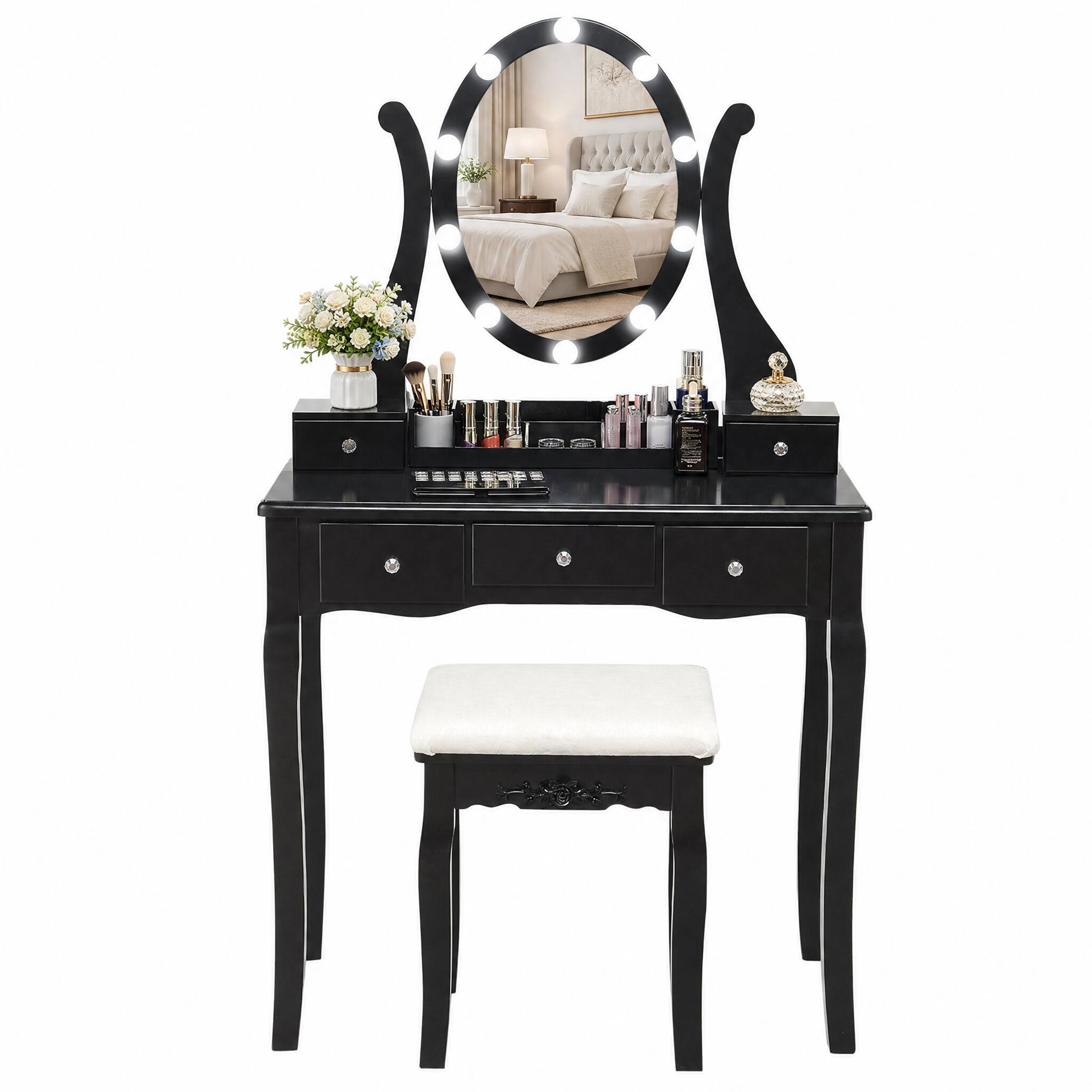 Alt View 3. WELLFOR - Makeup Vanity Table Set with 360° Rotatable Oval Mirror, 5 Drawers, Dressing Table with Padded Stool for Bedroom - Black.
