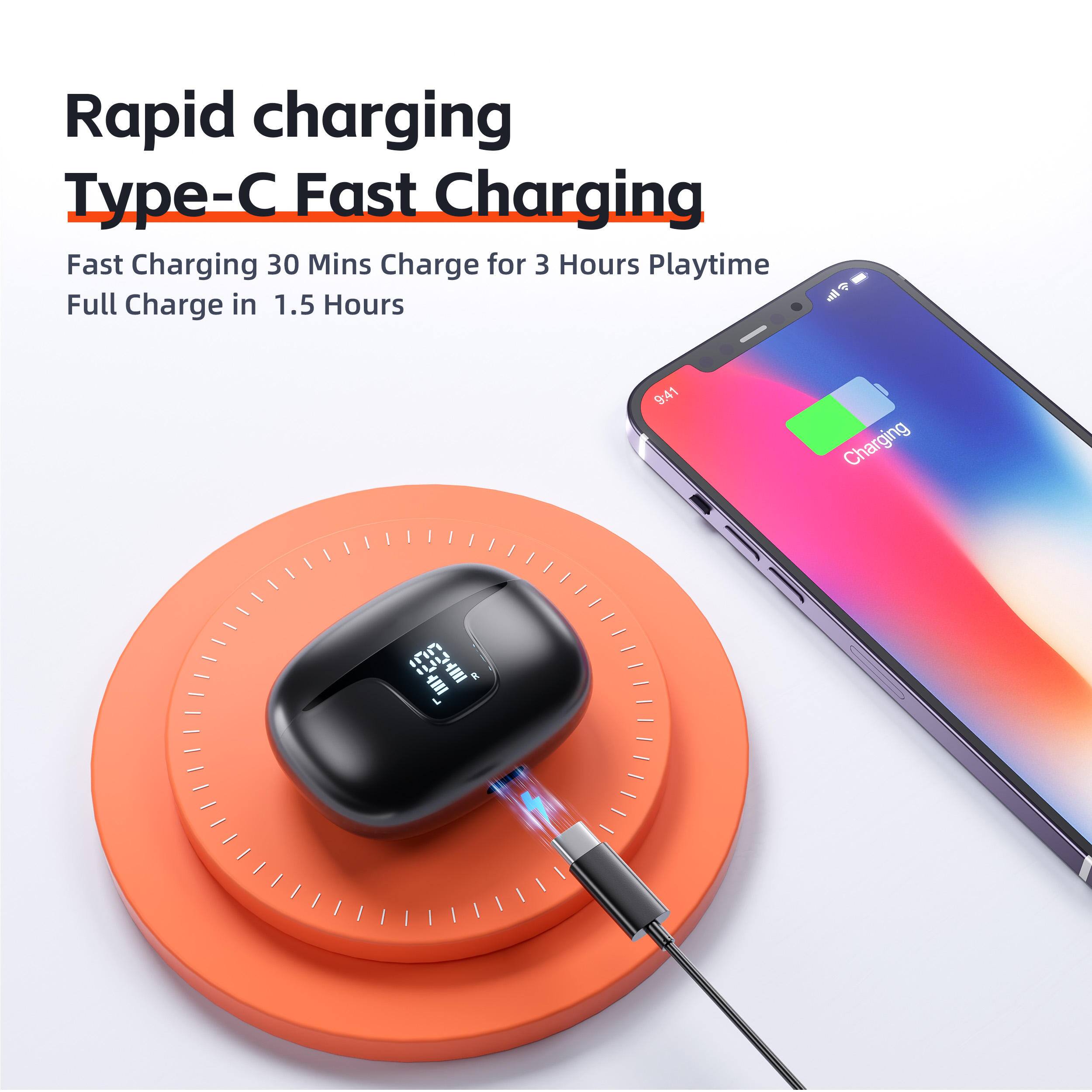 Rapid charging  
Type-C Fast Charging  

Fast Charging  
30 Mins Charge for 3 Hours Playtime  
Full Charge in 1.5 Hours  

9:41  
Charging