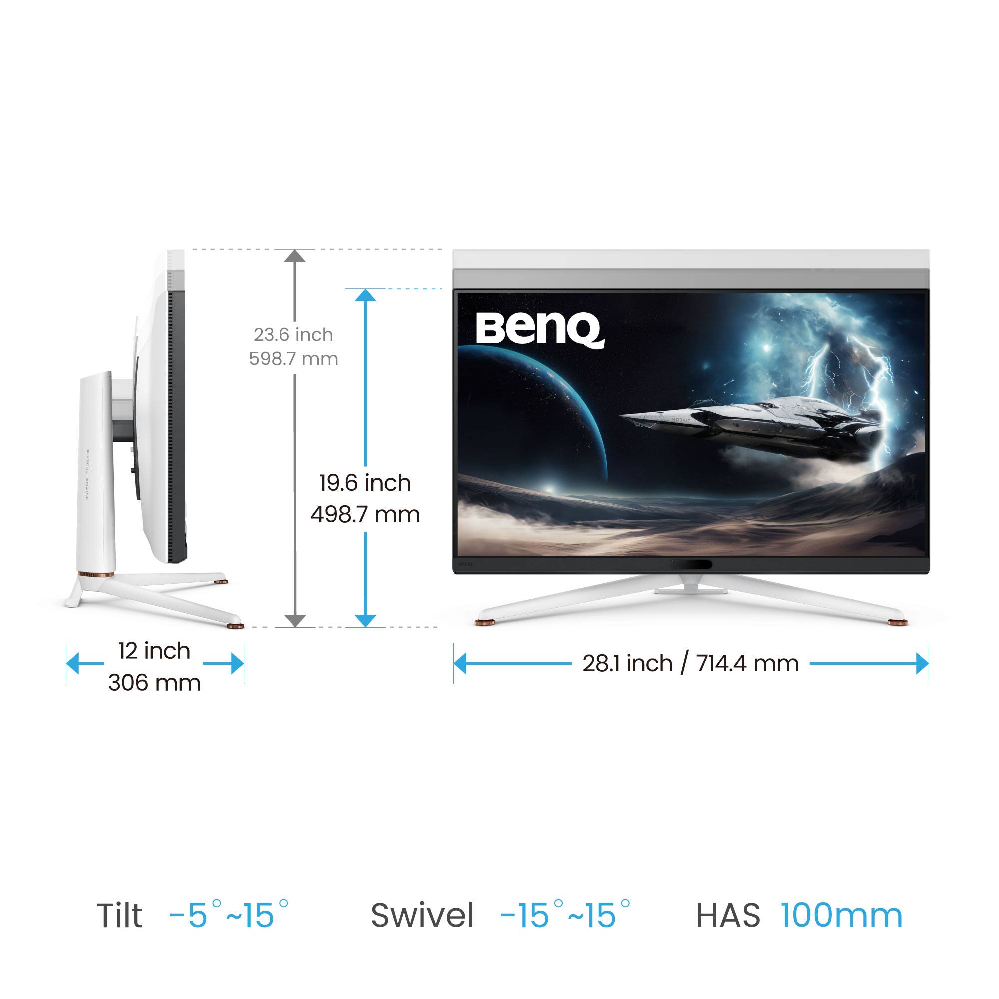The text on the image is grouped and corrected as follows:

* 23.6 inch BenQ: 598.7 mm
* 19.6 inch: 498.7 mm
* 12 inch: 306 mm
* 28.1 inch: 714.4 mm
* Tilt: -5 ~15
* Swivel: -15 ~15
* HAS: 100mm