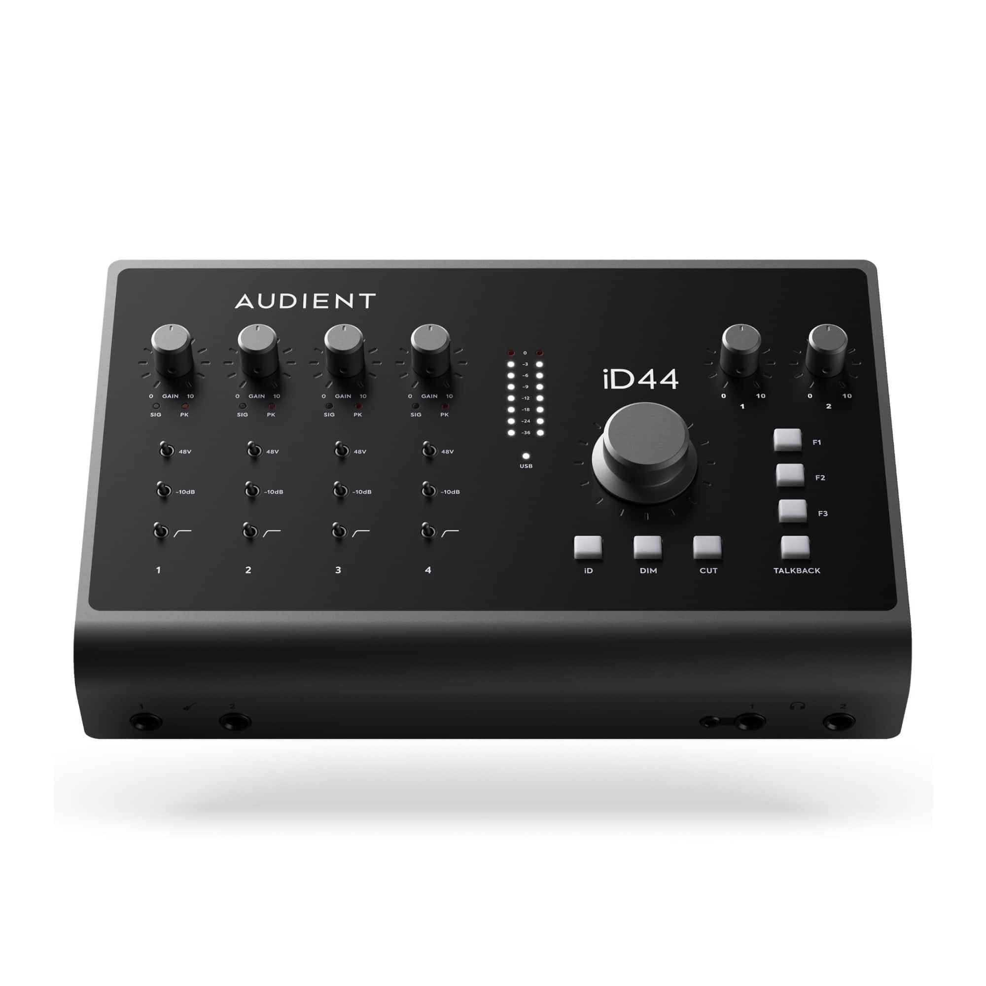 AUDIENT  
iD44  

- GAIN 10  
- 48V  
- -10dB  
- 1  
- 2  
- 3  
- 4  

- F1  
- F2  
- F3  
- ID  
- DIM  
- CUT  
- TALKBACK