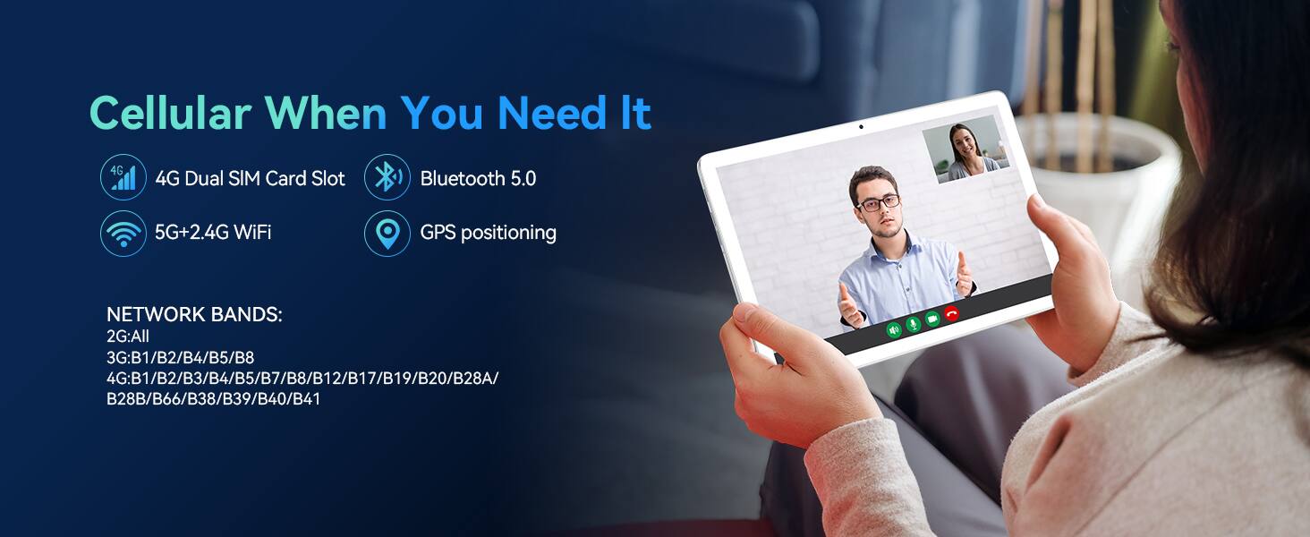 Cellular When You Need It

- 4G Dual SIM Card Slot
- Bluetooth 5.0
- 5G+2.4G WiFi
- GPS positioning

NETWORK BANDS:
2G: All
3G: B1/B2/B4/B5/B8
4G: B1/B2/B3/B4/B5/B7/B8/B12/B17/B19/B20/B28A/B28B/B66/B38/B39/B40/B41