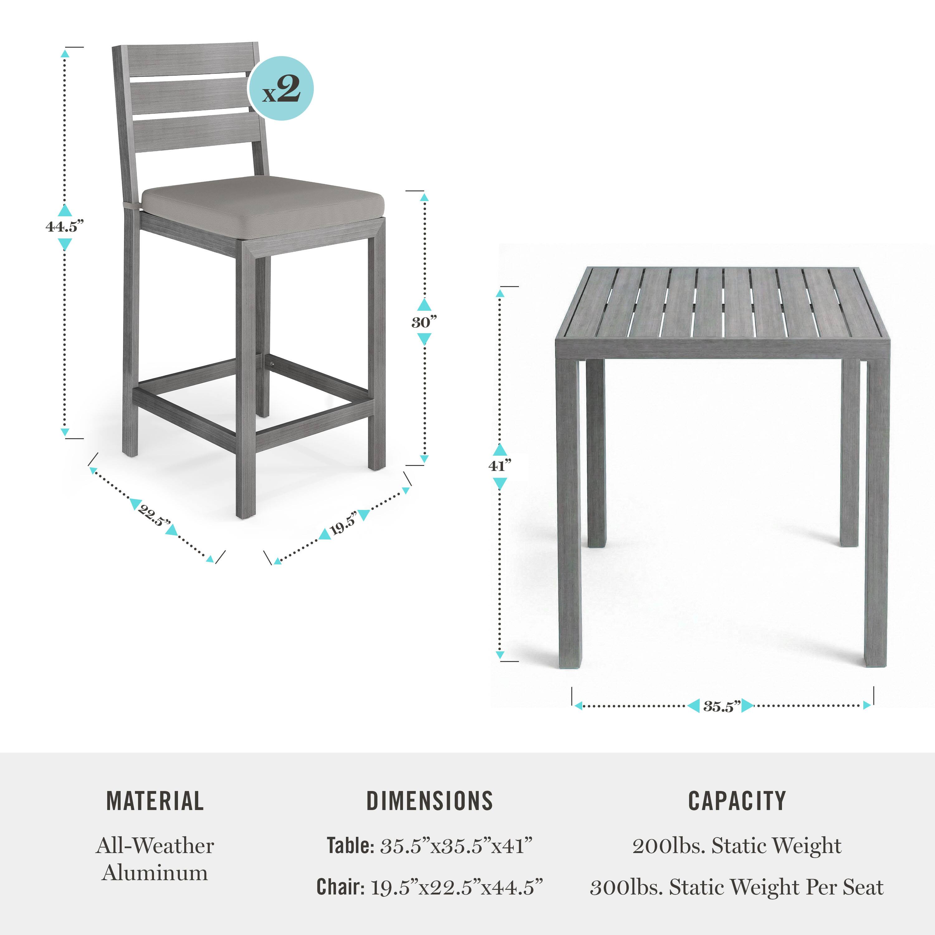 x2 44.5" 80 41" 2.5 19.5" 85.5

MATERIAL DIMENSIONS CAPACITY

All-Weather Aluminum Table: 35.5"x35.5"x41" 5 x35.5 x41 200lbs. Static Weight

Chair: 19.5"x22.5"x44.5" 300lbs. Static Weight Per Seat