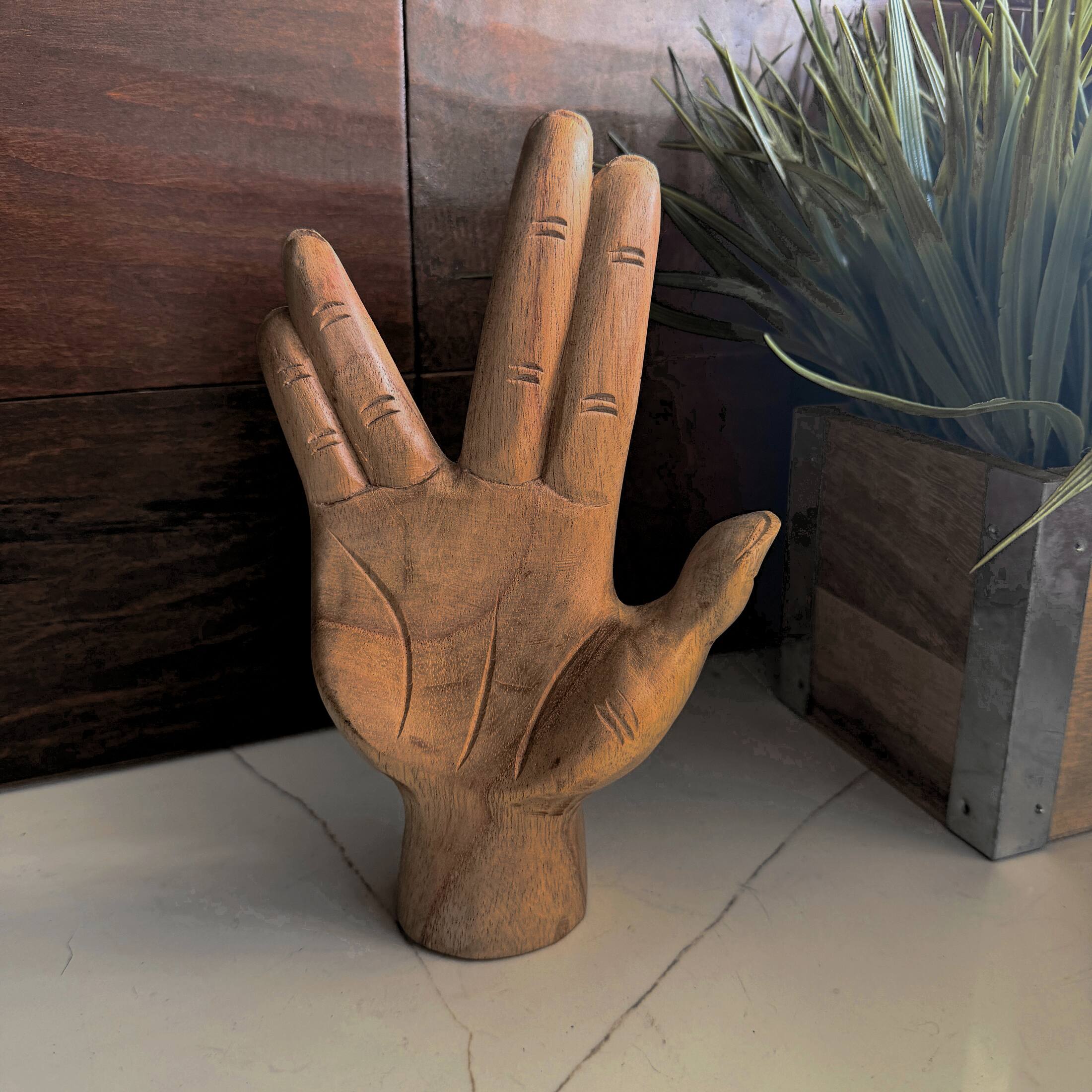 Alt View 3. Zeckos - Split-Finger Hand Sculpture Carved Natural Albesia Wood 7.75 Inch Tabletop - Natural.