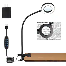 Cedar Assembly - Desk Clip On Lamp For Reading Home Office With 5v 2a Adapter 10 Dimmable Brightness 3 Modes Clamp Light Bed - Black with magnifying glass