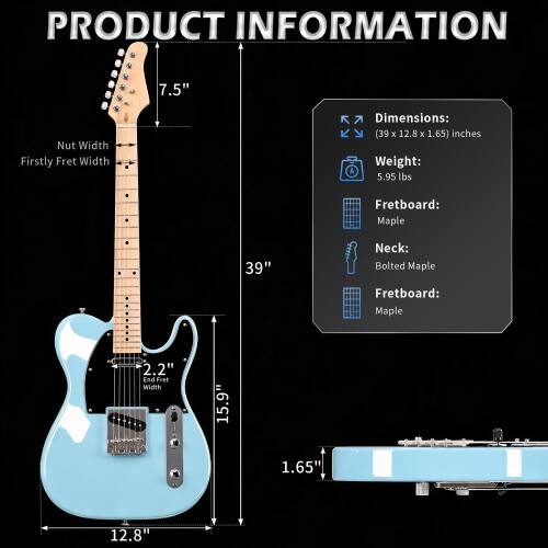 PRODUCT INFORMATION

- Nut Width: 7.5"
- First Fret Width: 1.65"
- Neck: Bolted Maple
- Fretboard: Maple
- End Fret Width: 2.2"
- Dimensions: (39 X 12.8 X 1.65) inches
- Weight: 5.95 lbs