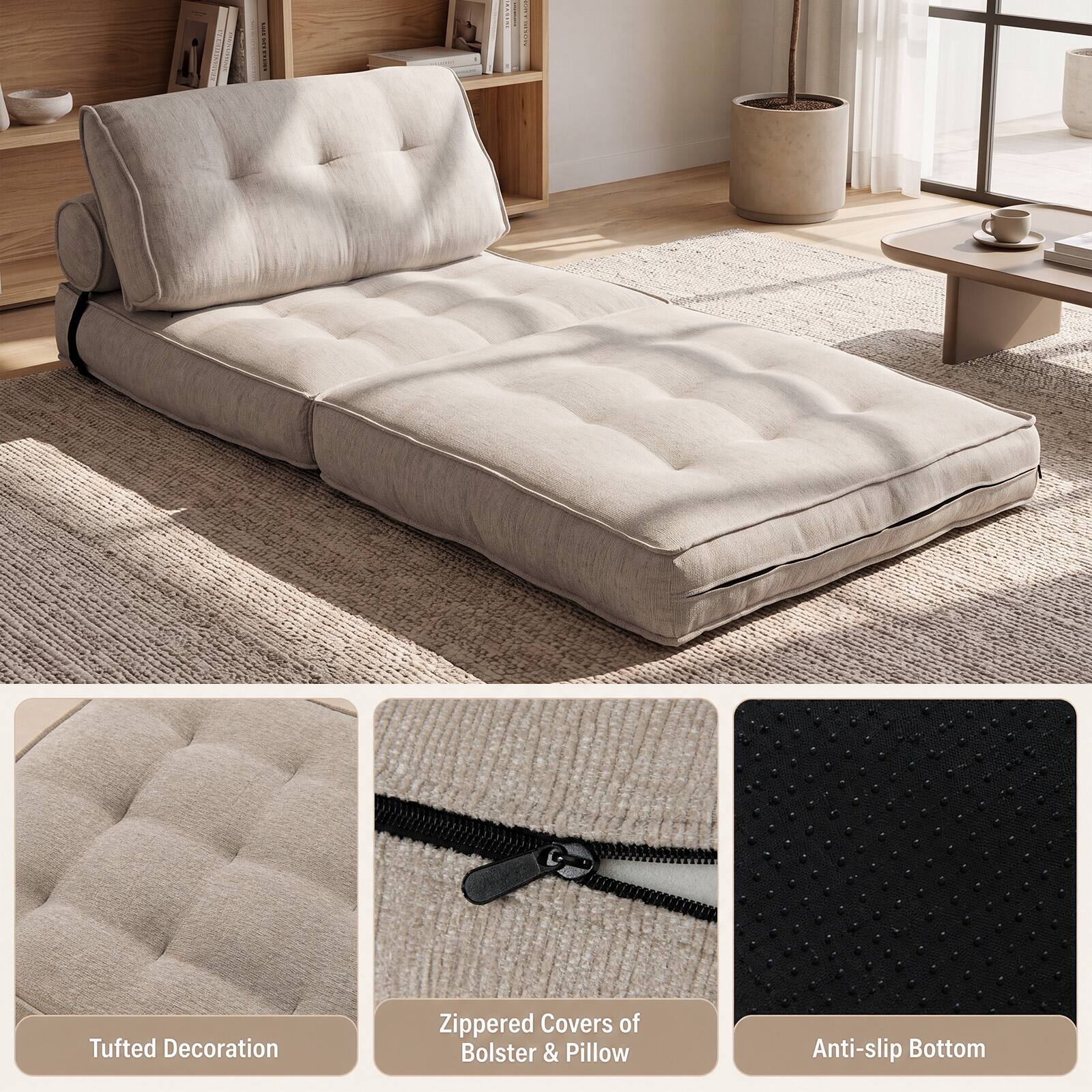 Tufted Decoration Zippered Covers of Bolster & Pillow Anti-slip Bottom