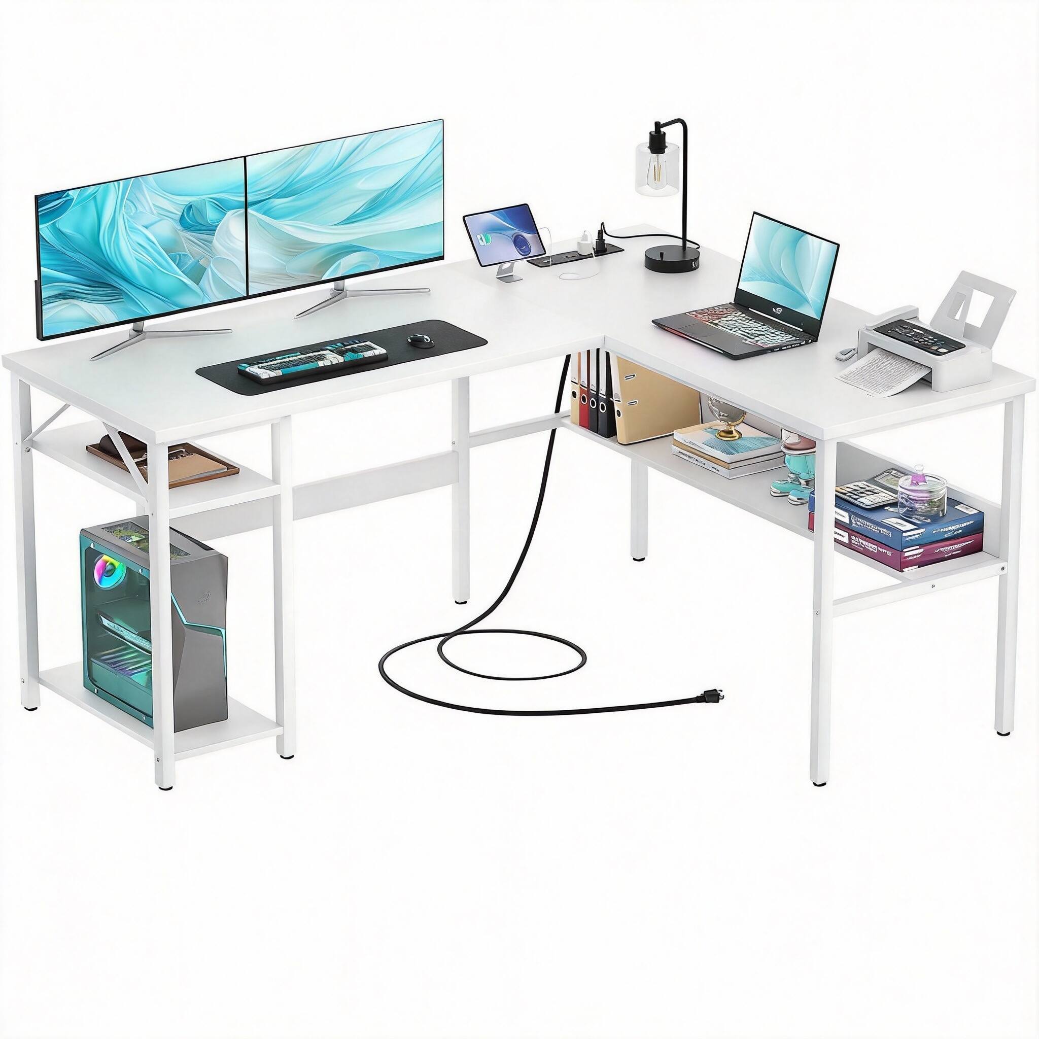 White L Shaped Desk 3 configs 3 outlets 2 USBs