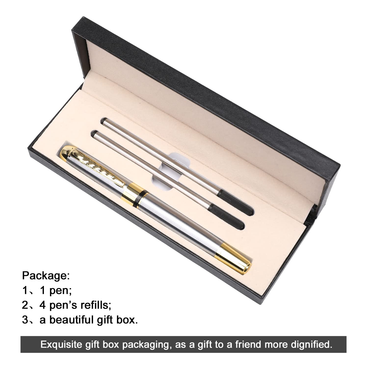 Package:
1. 1 pen;
2. 4 pen's refills;
3. a beautiful gift box.

Exquisite gift box packaging, as a gift to a friend more dignified.