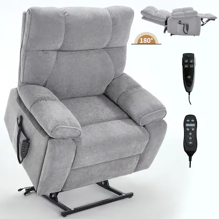 Front. LUCKY ONE - Chenille Dual Motor Power Lift Recliner Chair with Massage, Heat and Hidden Cup Holders - Grey.