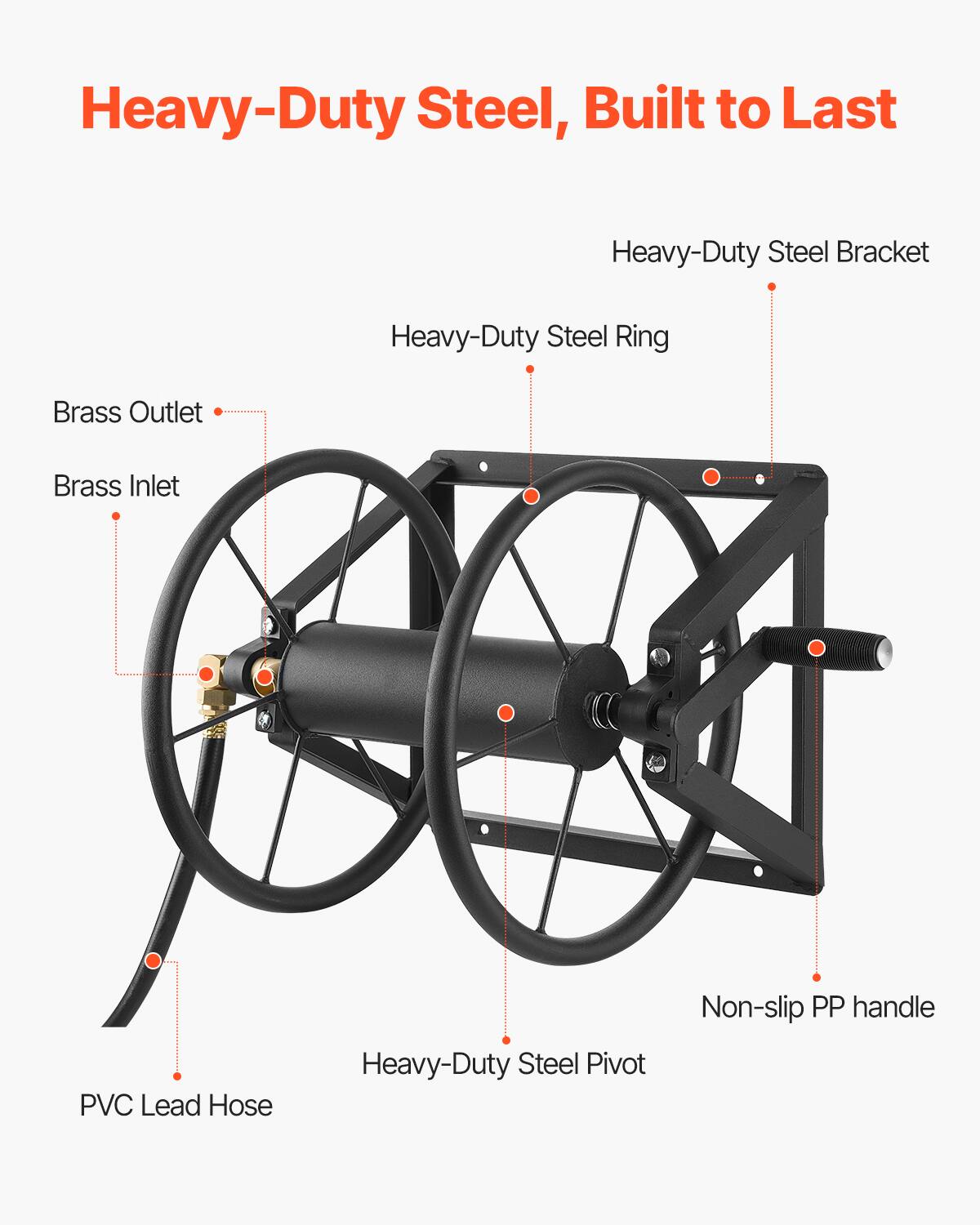 Heavy-Duty Steel, Built to Last

- Heavy-Duty Steel Bracket
- Heavy-Duty Steel Ring
- Brass Outlet
- Brass Inlet
- PVC Lead Hose
- Heavy-Duty Steel Pivot
- Non-slip PP handle
