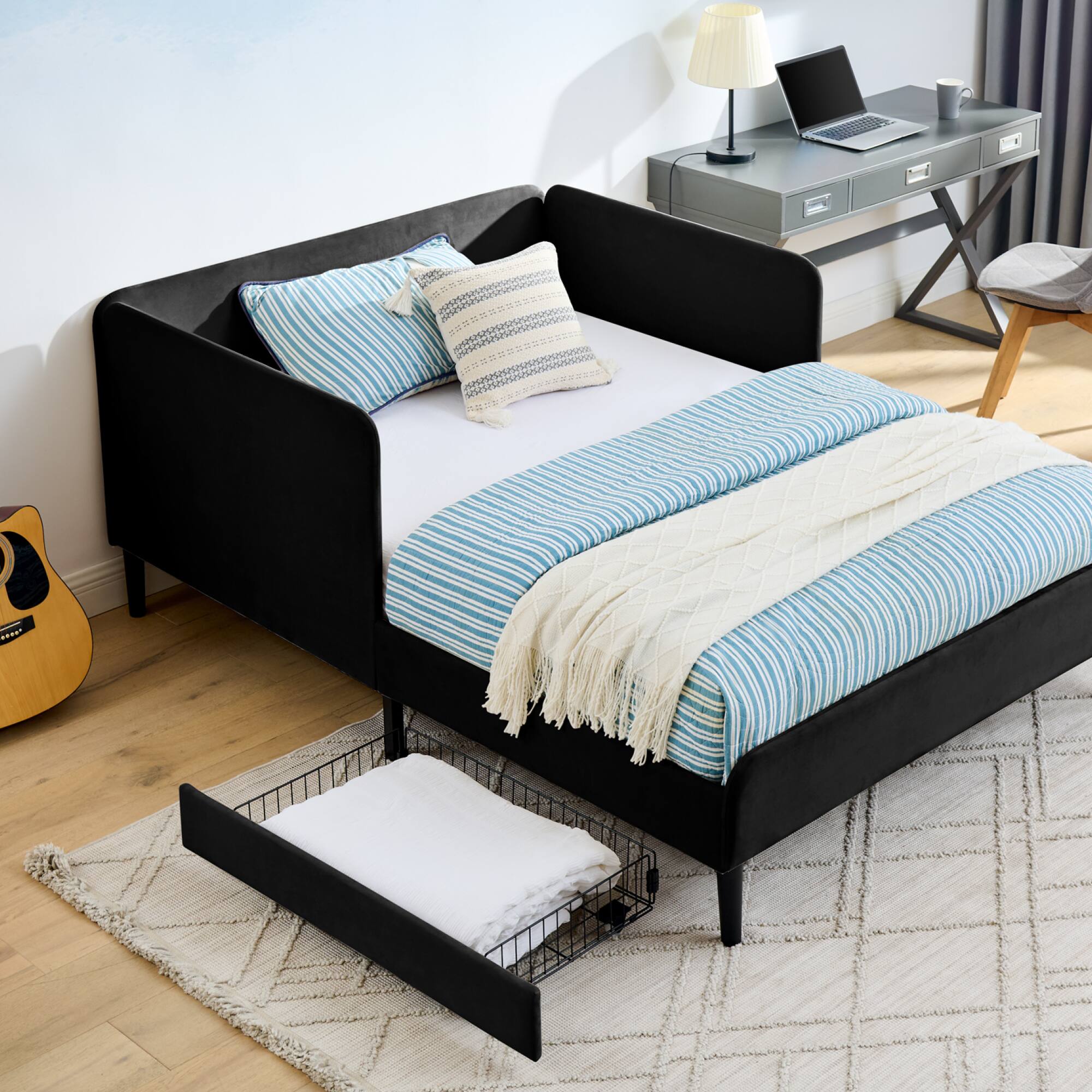 Left. GOODSILO - Full Size Upholstered Platform Bed Frame with Storage Drawers and Adjustable Sofa Functionality - Black.