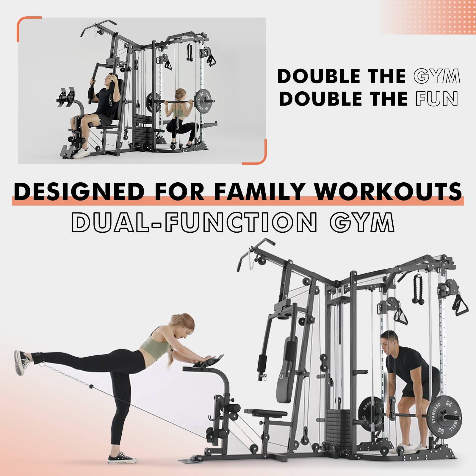 DOUBLE THE GYM DOUBLE THE FUN DESIGNED FOR FAMILY WORKOUTS DUAL-FUNCTION GYM BAR a STANDARD BELL