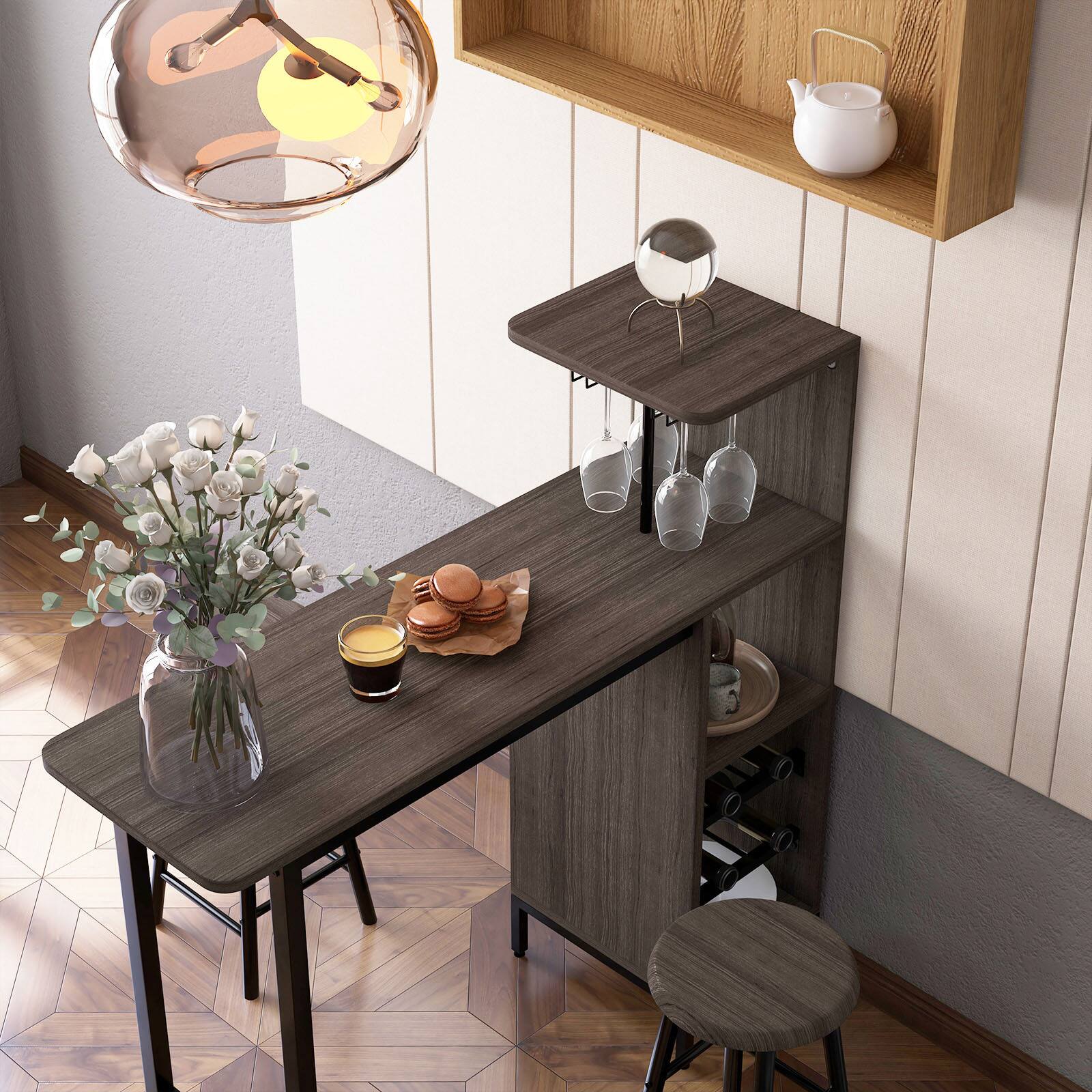 Alt View 9. Ecooso - 3 Piece Bar Table and Chairs Set with 6 Bottle Wine Rack for Home Kitchen Bar - Brown.