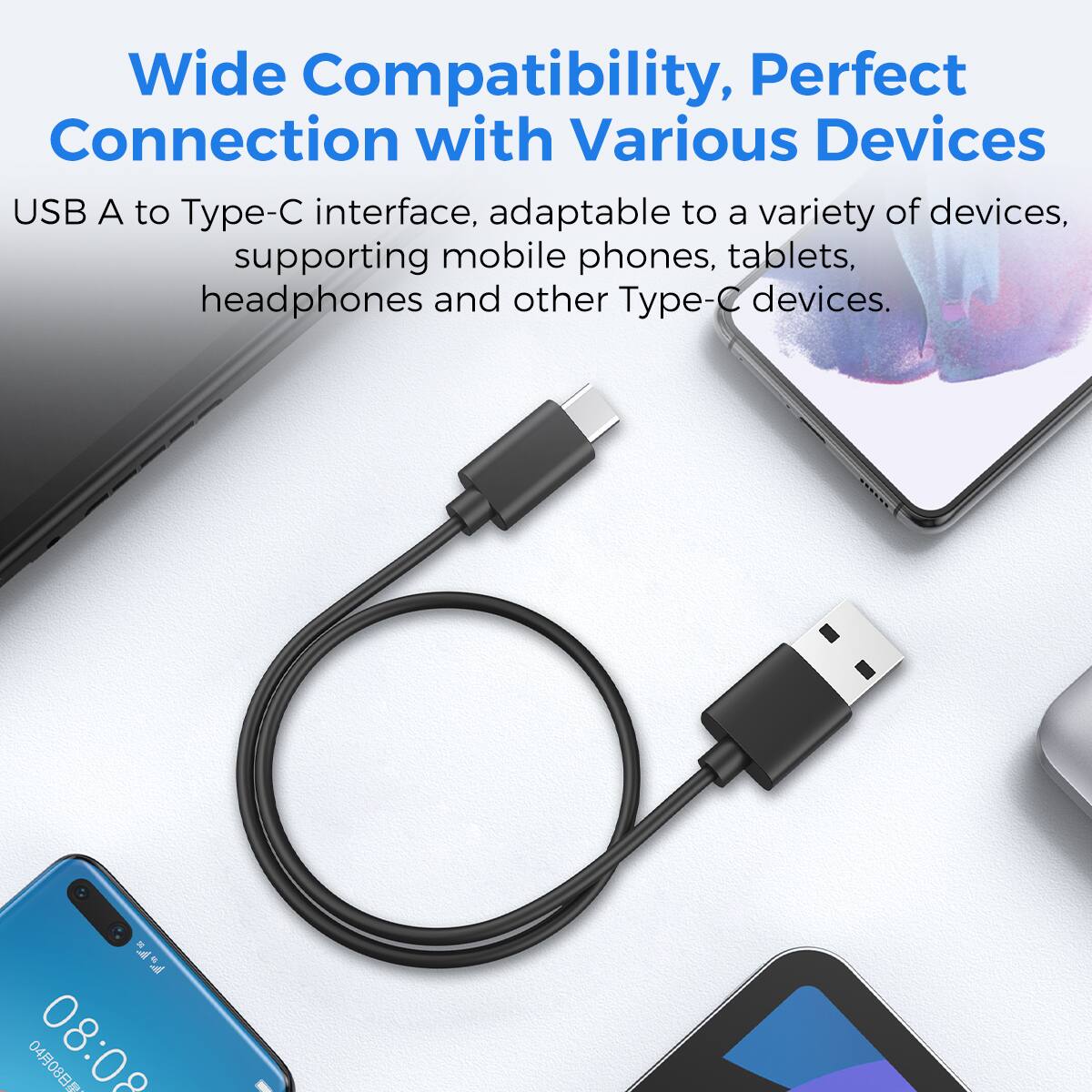 Wide Compatibility, Perfect Connection with Various Devices USB A to Type-C interface, adaptable to a variety of devices, supporting mobile phones, tablets, headphones and other Type-C devices.