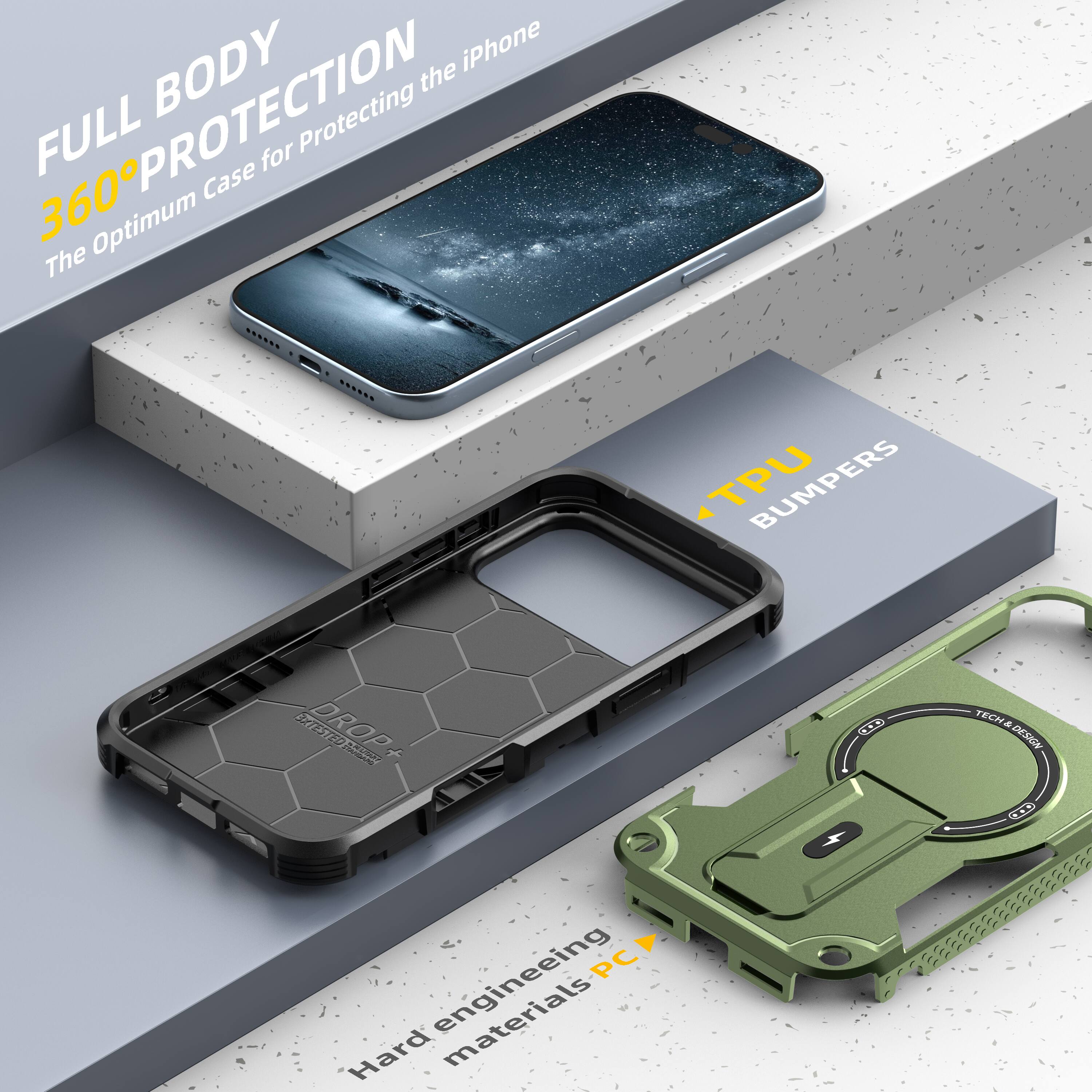 FULL BODY 360° PROTECTION  
The Optimum Case for Protecting the iPhone  

TPU BUMPERS  

Hard engineering materials PC  

TECH DESIGN
