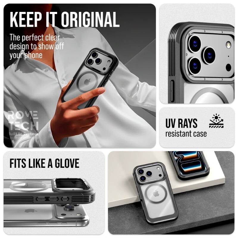 KEEP IT ORIGINAL  
The perfect clear design to show off your phone  

ROVE TECH  
Built to Protect  

UV RAYS resistant case  

FITS LIKE A GLOVE