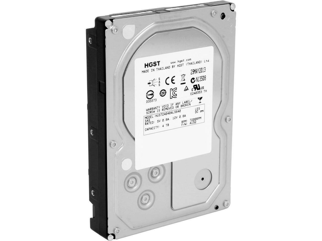 HGST (THAILAND) Ltd  
MADE IN THAILAND BY HGST  
29MAY2013  

CE N13508  
E240353 TH  
D33373  

WARRANTY VOID IF ANY LABEL/SCREW IS REMOVED OR BROKEN  

MODEL: HUS724040ALS640  
CAPACITY: 4 TB  
RATED: 5V 0.8A 12V  
RPM: 7200RPM  
F/W: A152  

www.hgst.com
