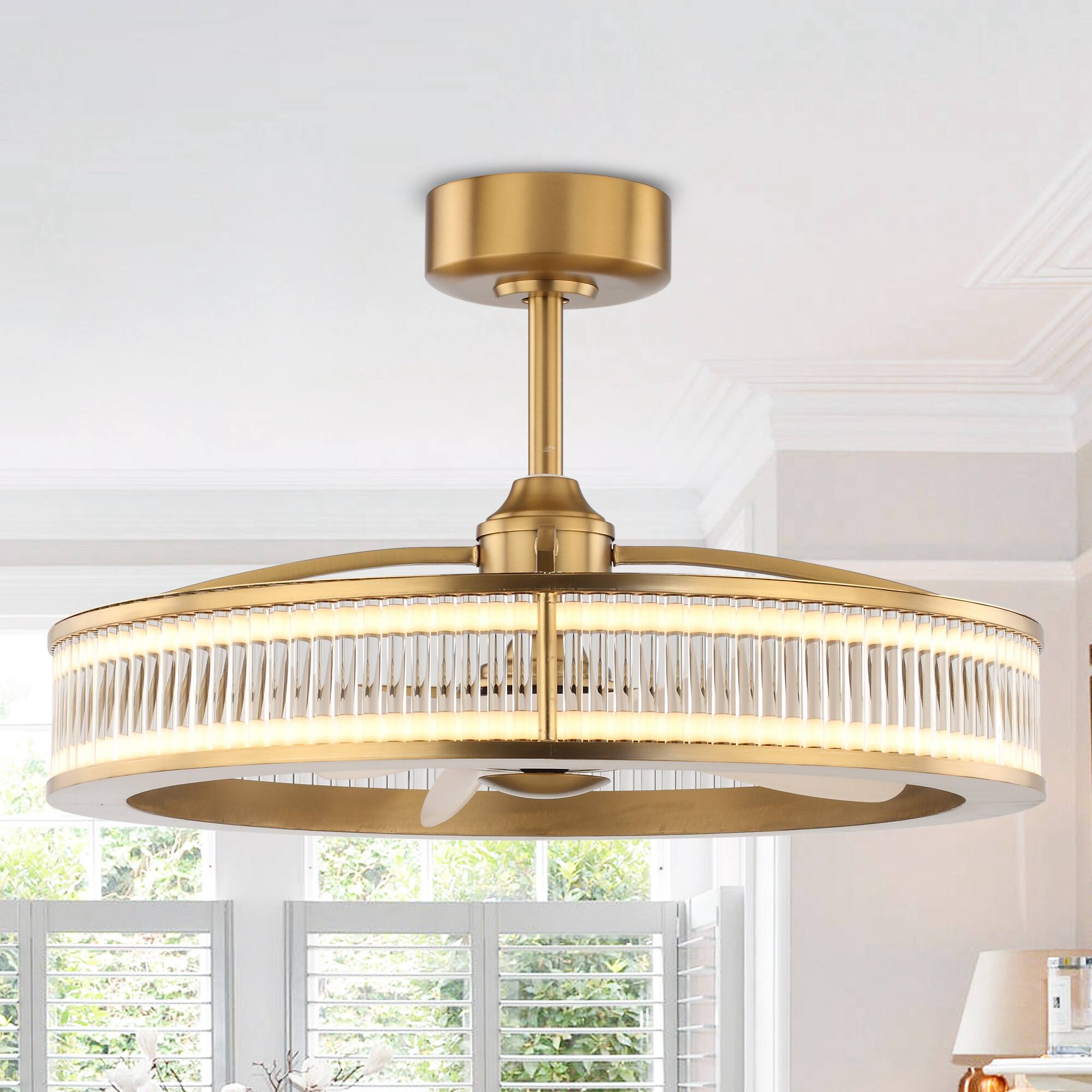 Front. Perimost - 30" Modern Gold Crystal Shade Chandelier Ceiling Fan with Remote and LED - Gold.